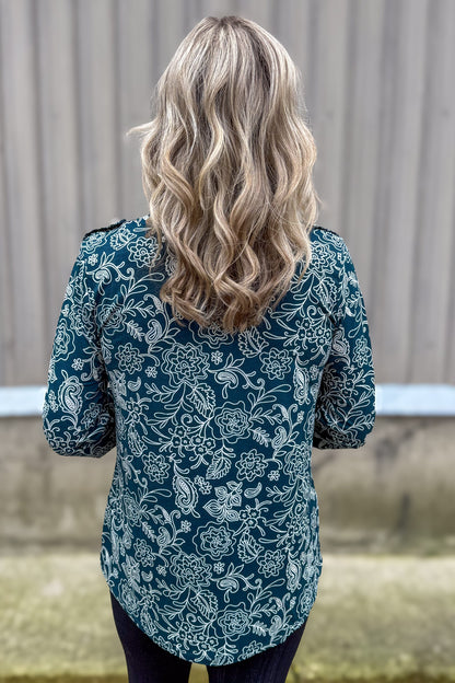 Hunter Green Swirl Floral Button Lizzy Blouse Back