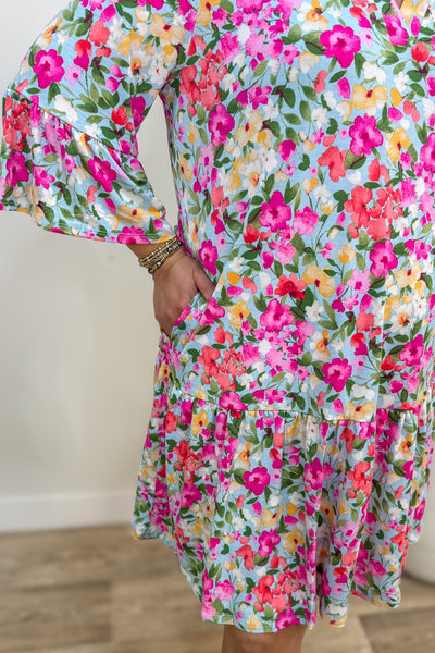 Light Blue Floral Ruffle Dress