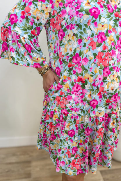 Light Blue Floral Ruffle Dress