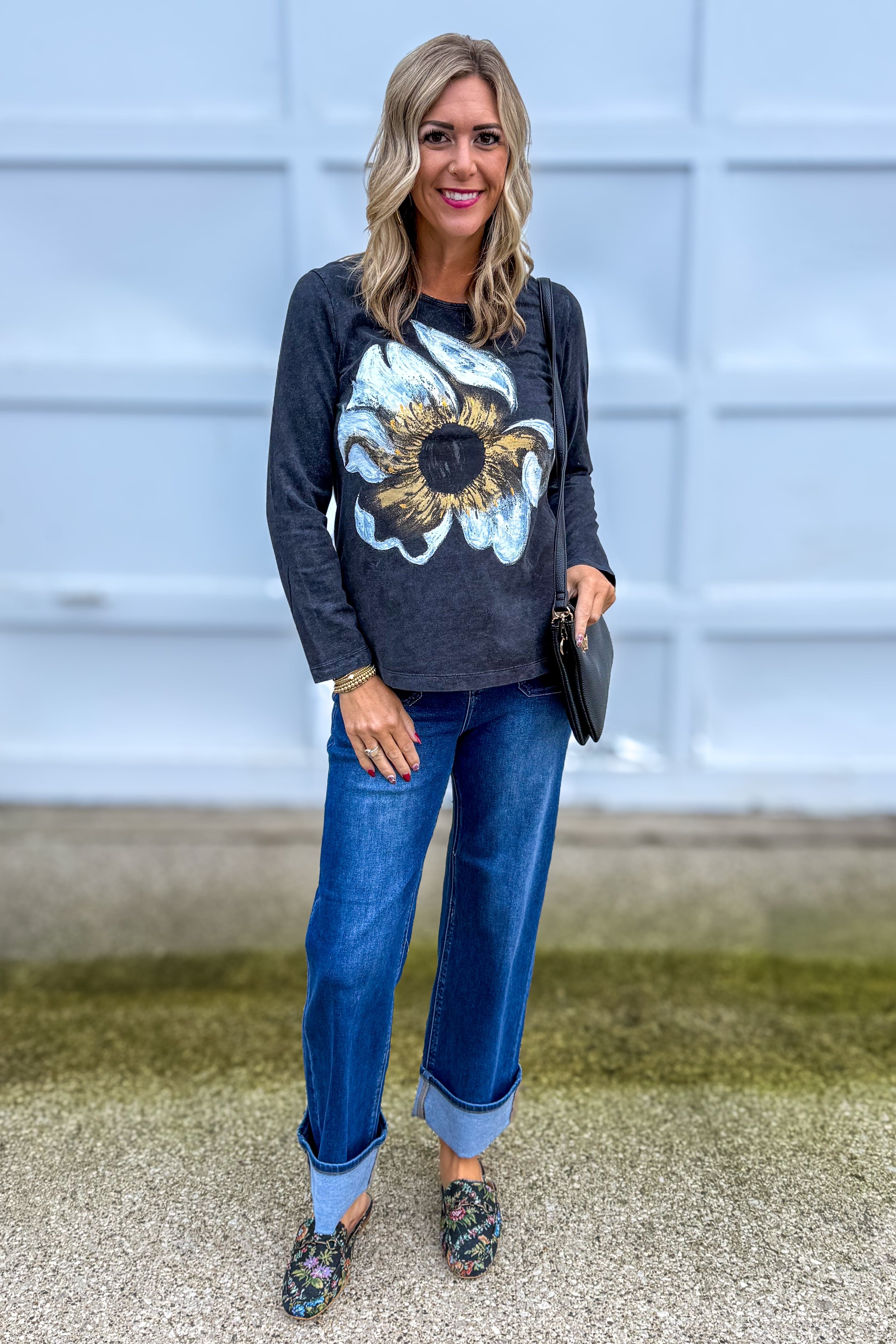 Black Big White Flower Top Styled