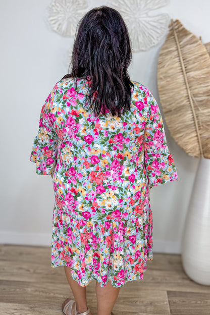 Light Blue Floral Ruffle Dress