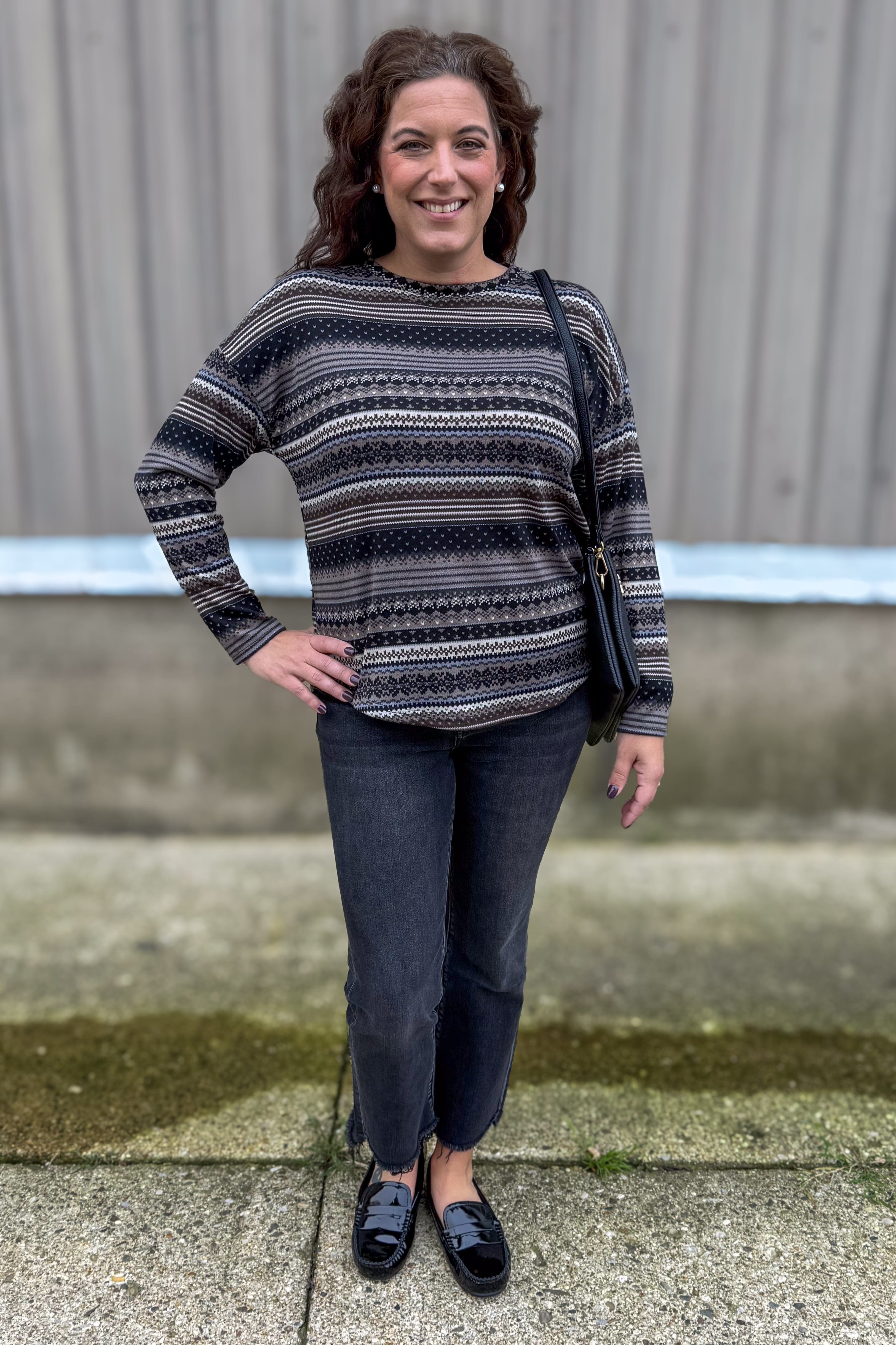 Grey Fairisle Striped Long Sleeve Top Styled
