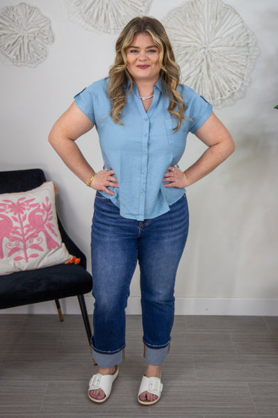 Blue Collared Button Down Blouse Styled