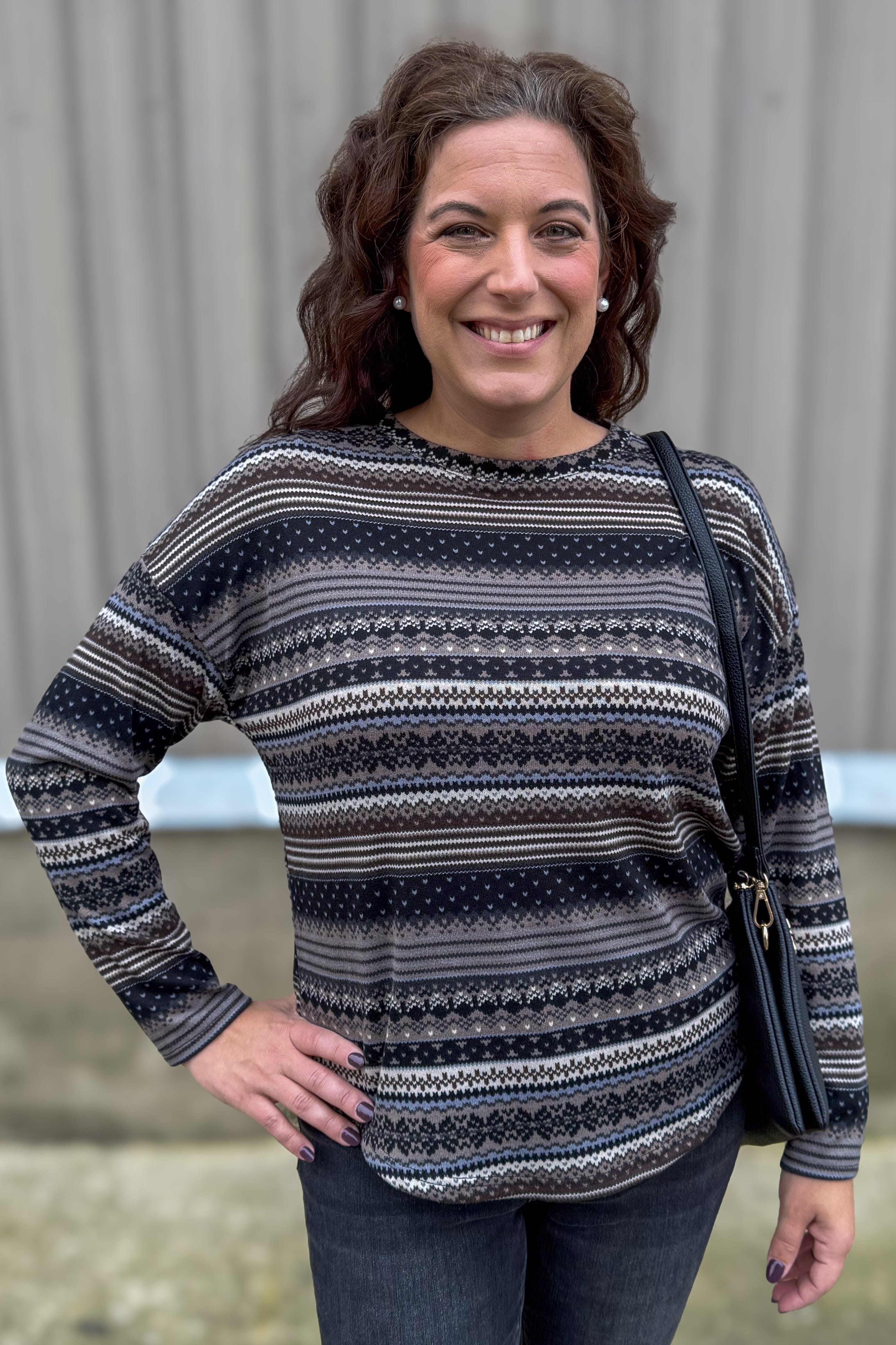 Grey Fairisle Striped Long Sleeve Top