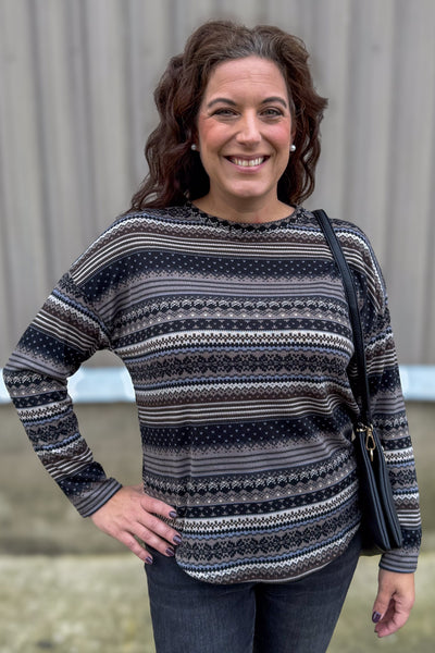 Grey Fairisle Striped Long Sleeve Top