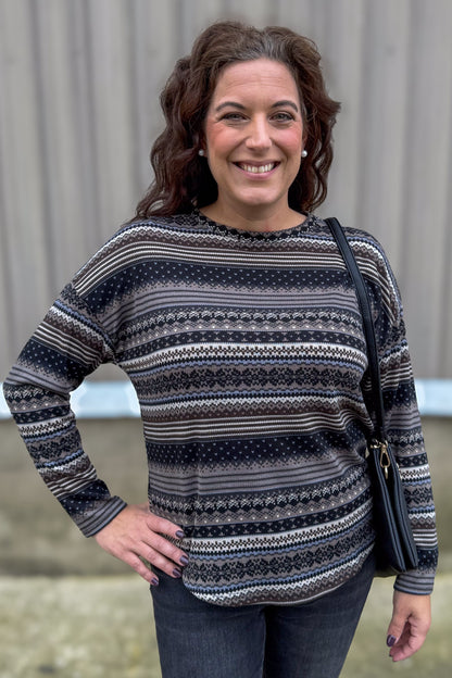 Grey Fairisle Striped Long Sleeve Top