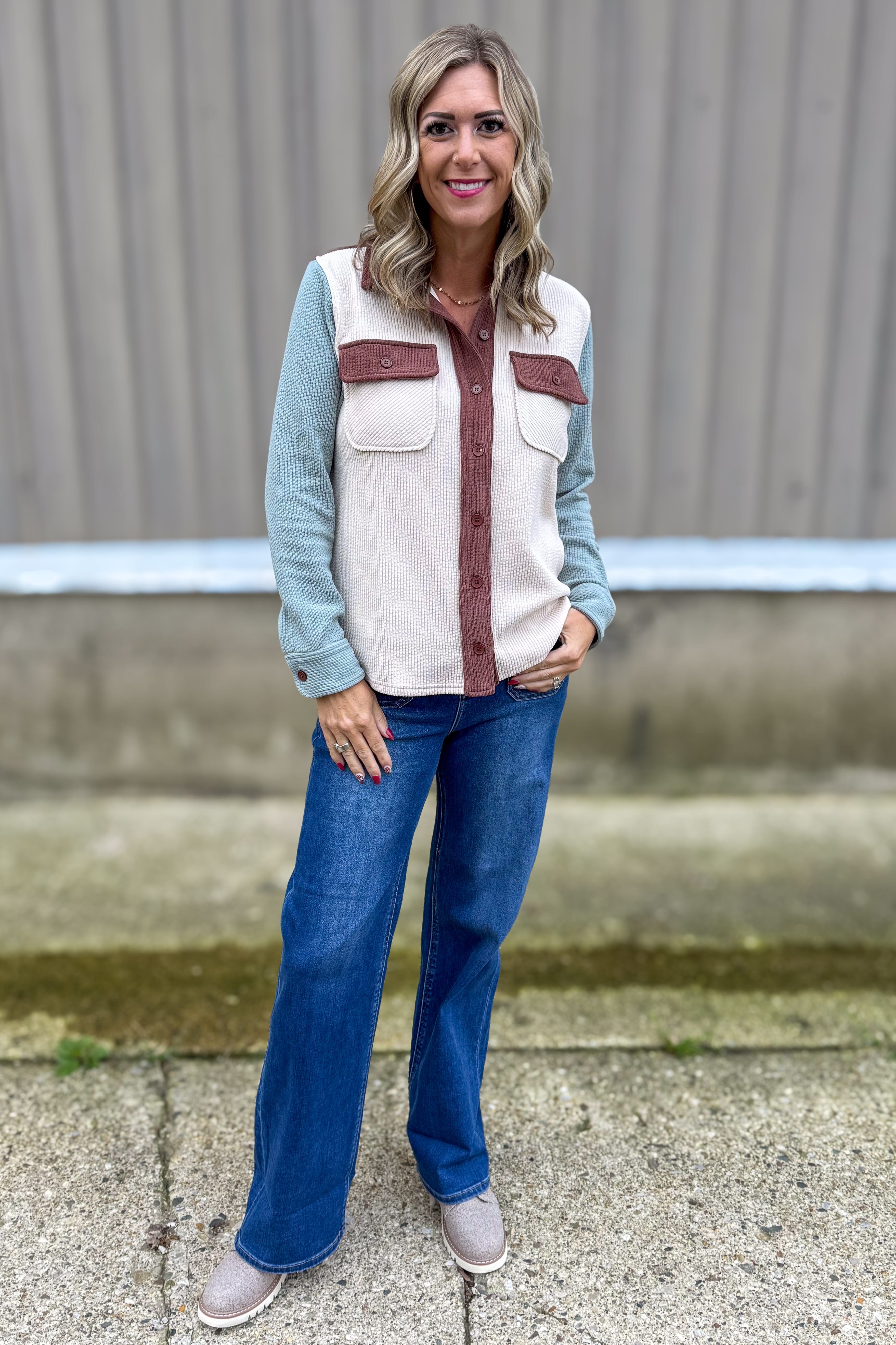 Color Block Corduroy Shacket Styled