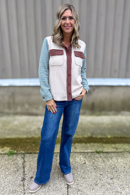 Color Block Corduroy Shacket Styled