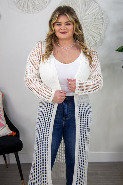 Ivory Crochet Long Cardigan