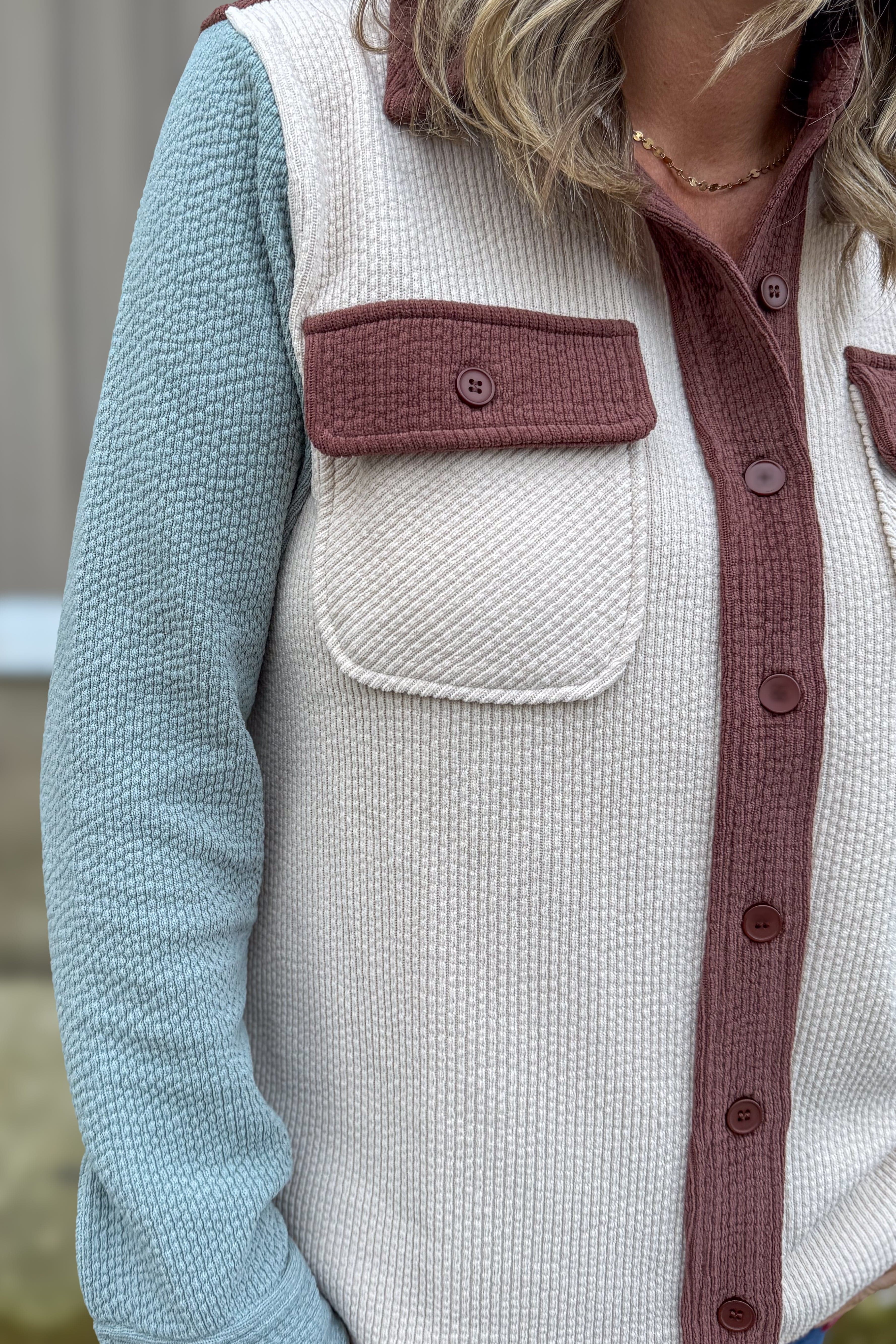 Color Block Corduroy Shacket Detailed