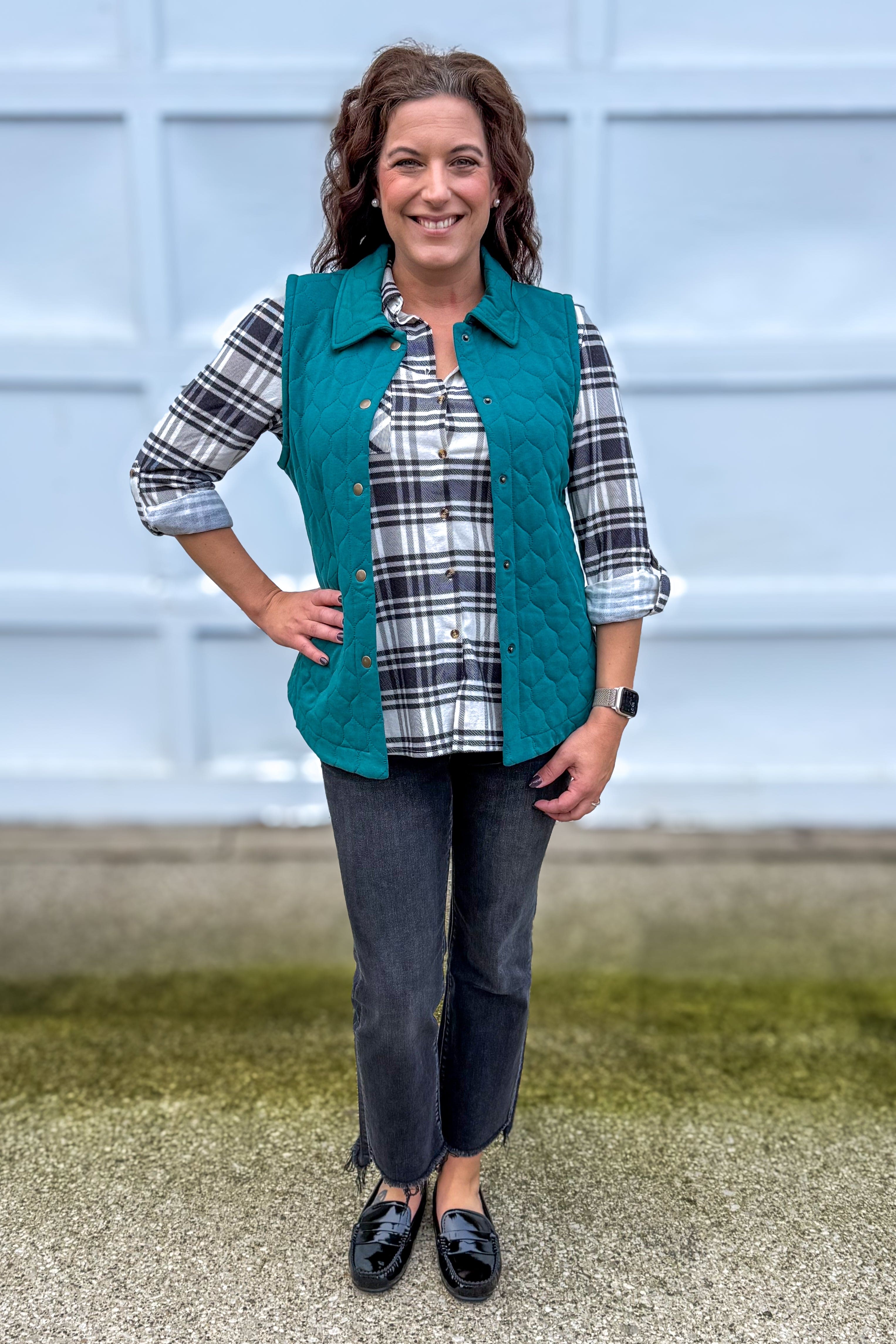 Teal Quilted Snap Closure Vest Styled