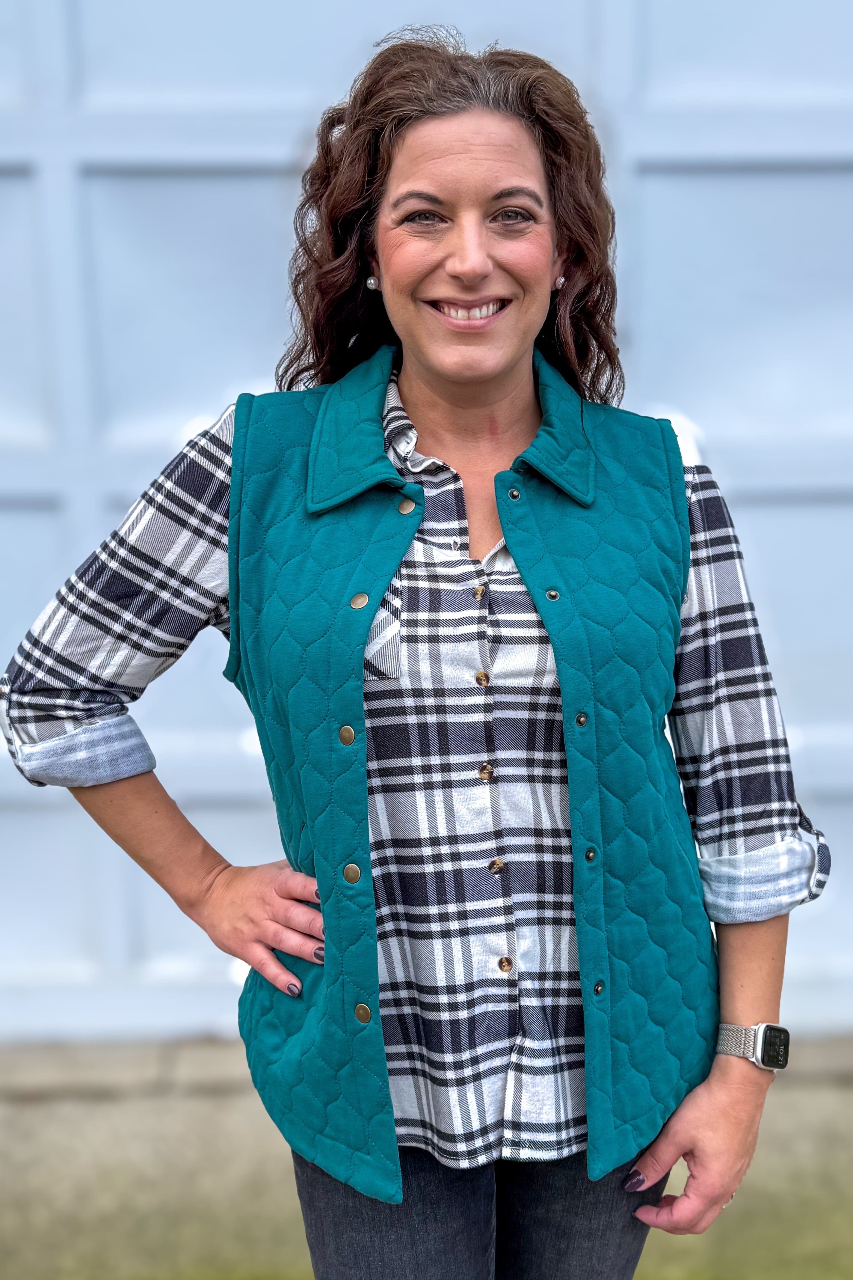 Ivory & Black Side Vent with Buttons Plaid Flannel Styled