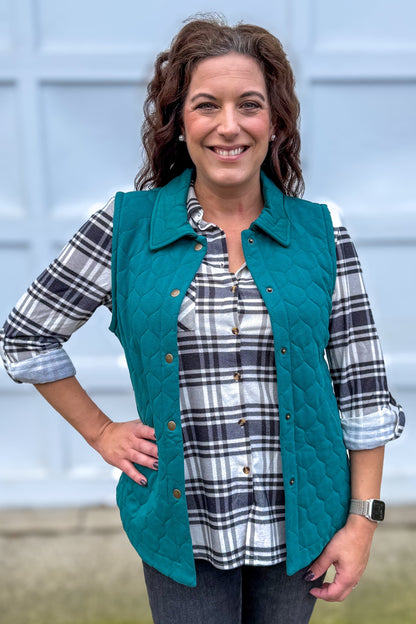 Ivory & Black Side Vent with Buttons Plaid Flannel Styled