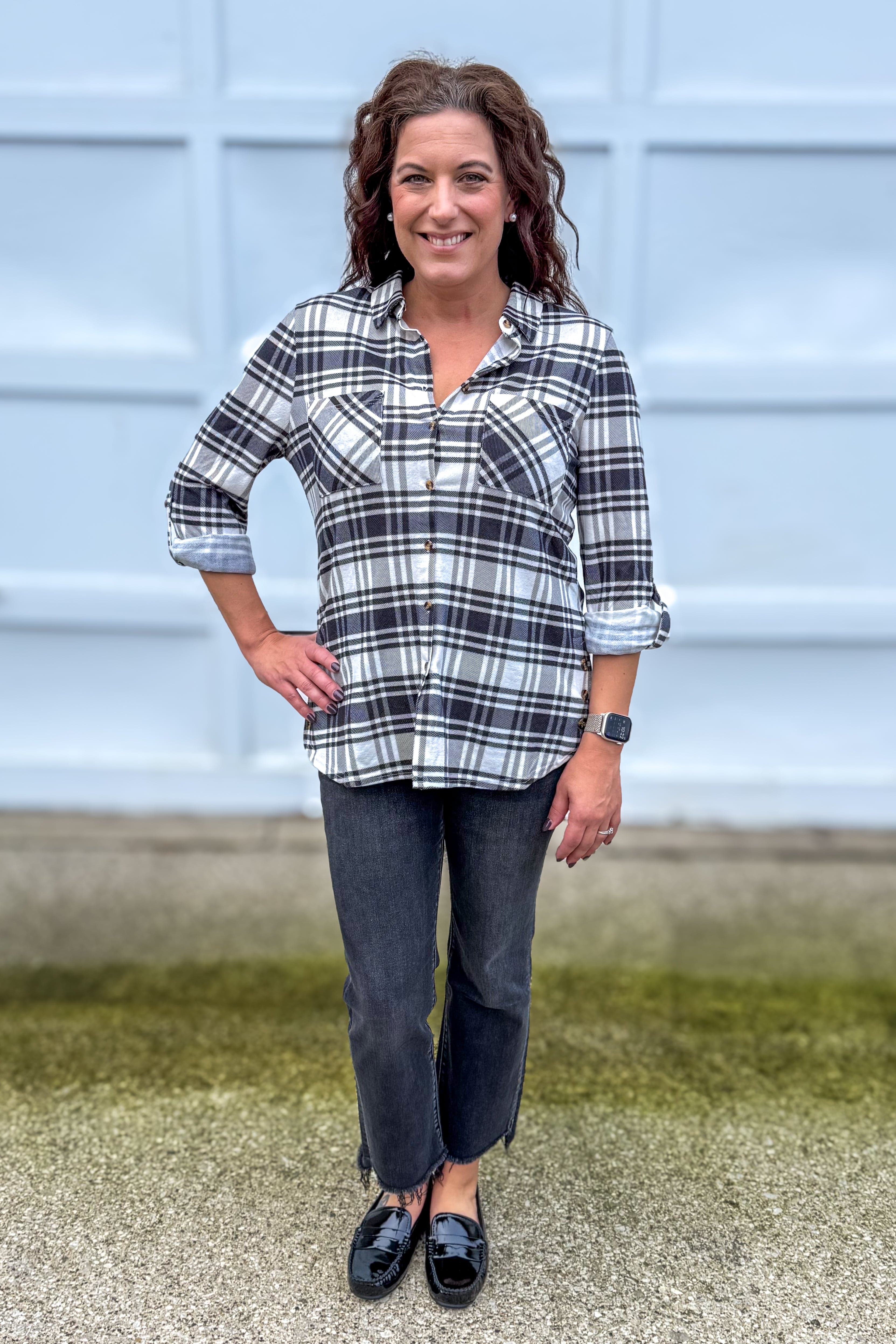 Ivory & Black Side Vent with Buttons Plaid Flannel Styled