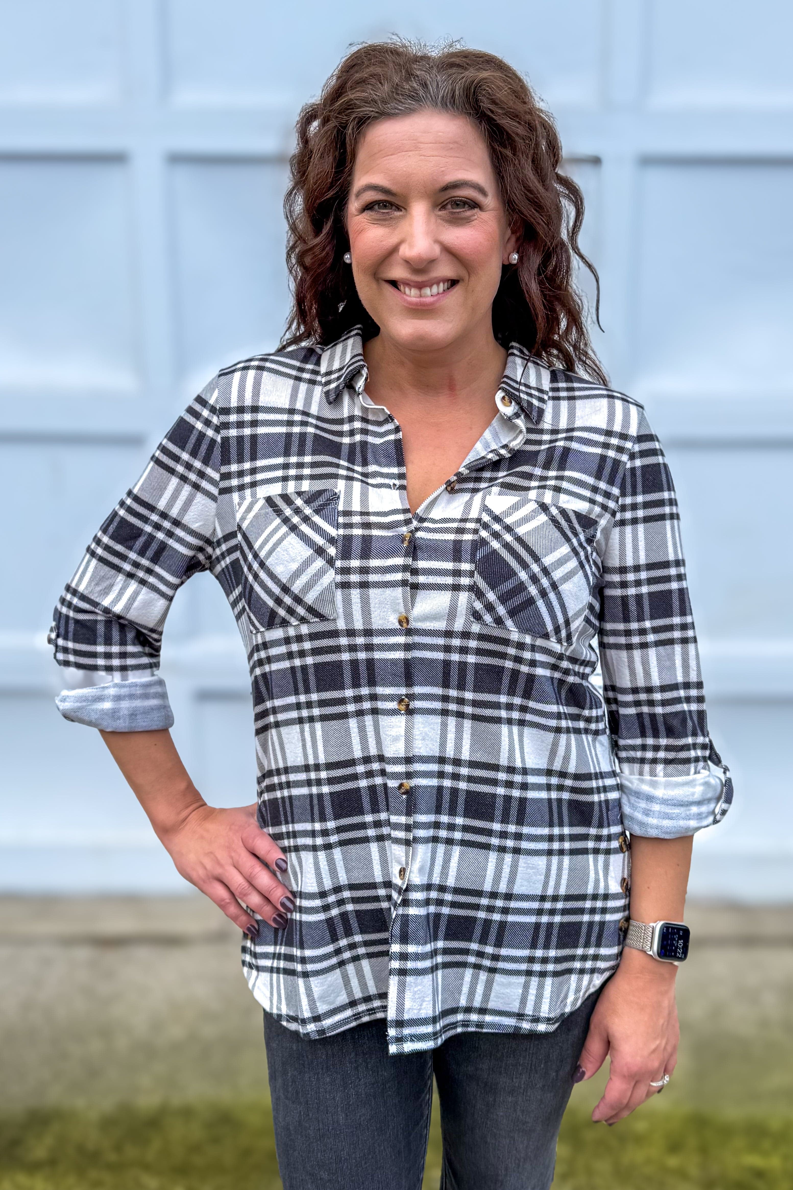 Ivory & Black Side Vent with Buttons Plaid Flannel