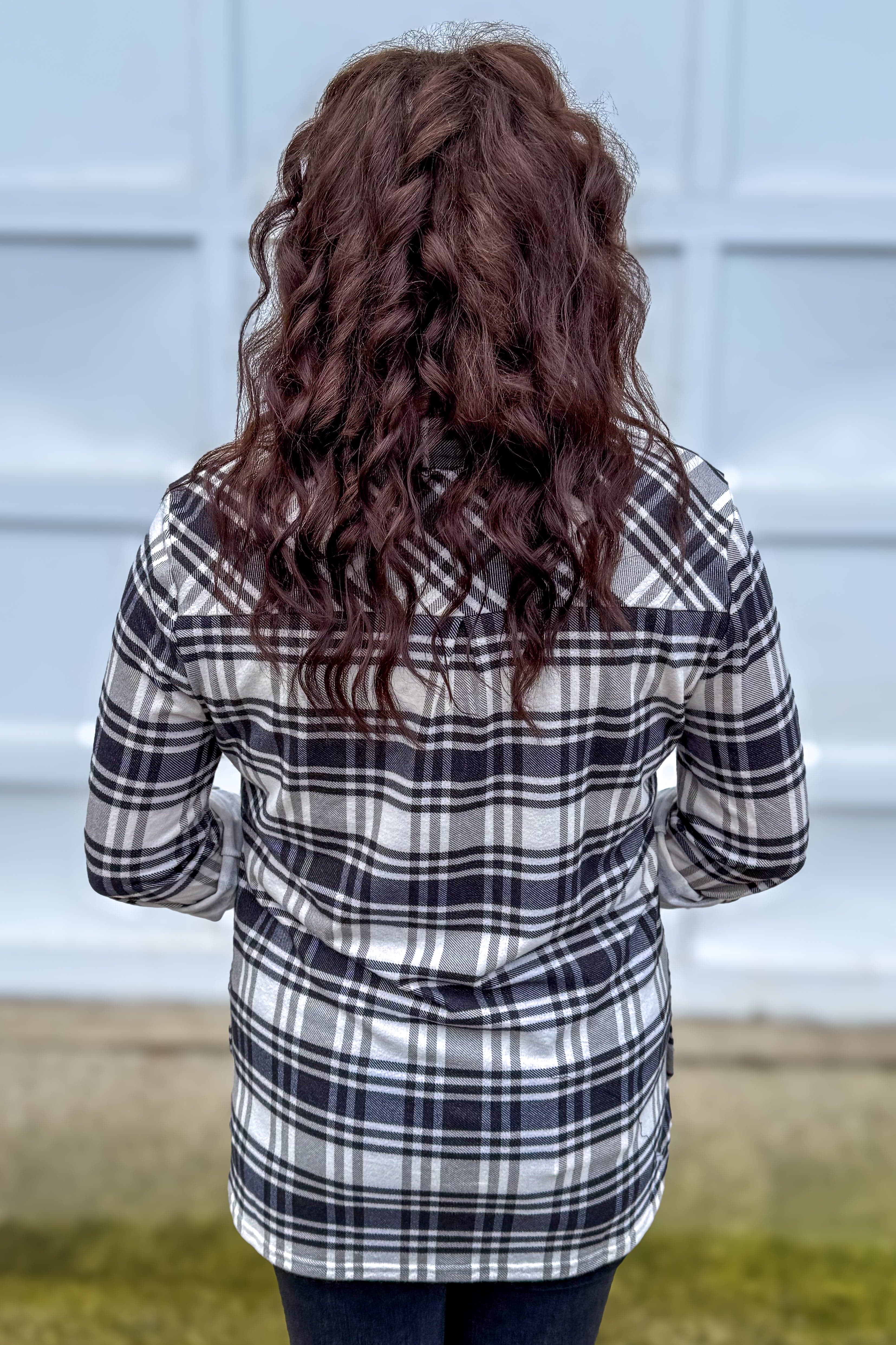 Ivory & Black Side Vent with Buttons Plaid Flannel Back