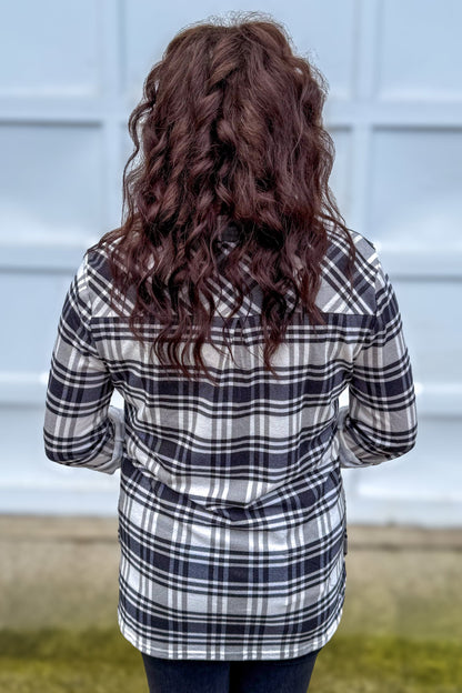 Ivory & Black Side Vent with Buttons Plaid Flannel Back