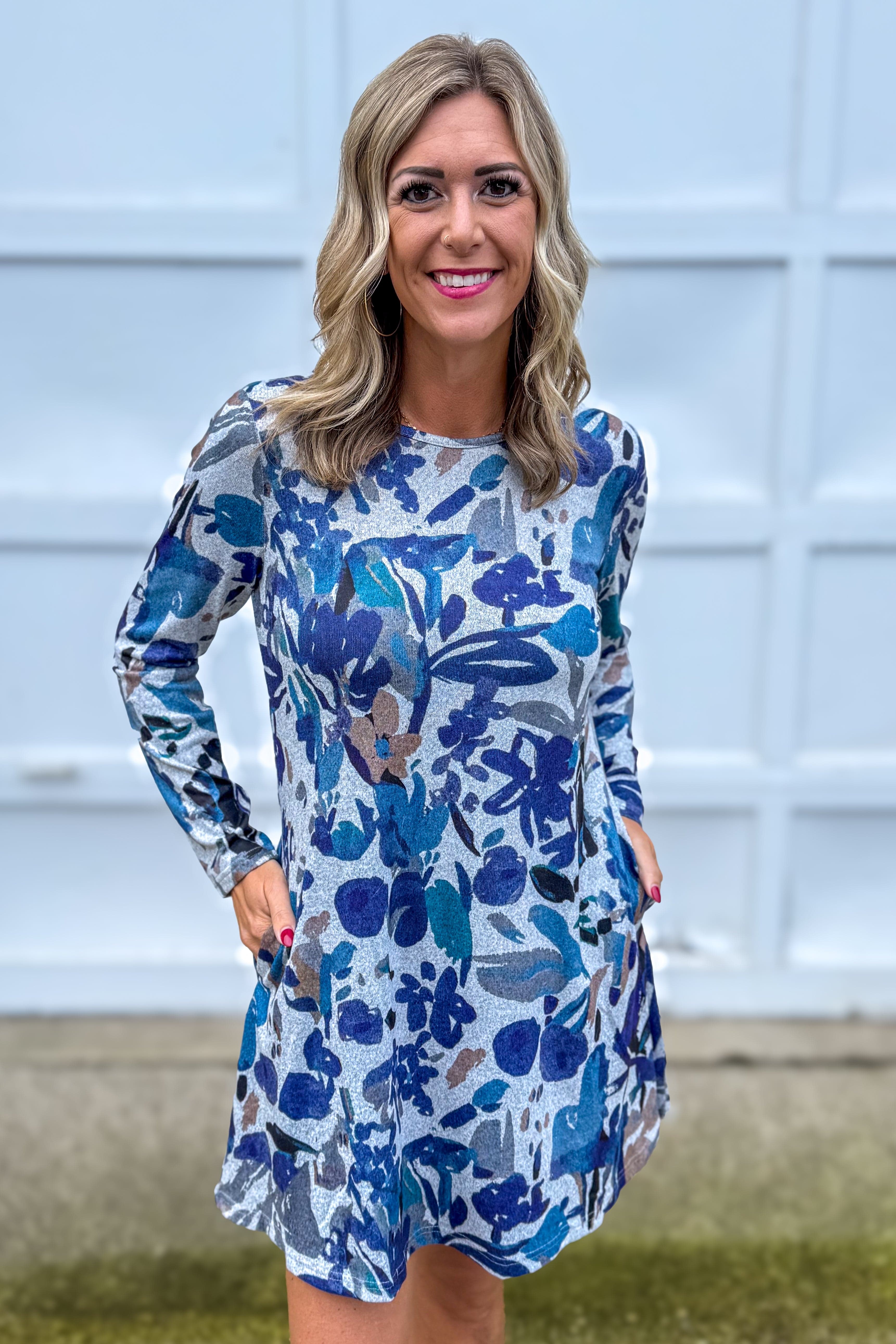 Navy Watercolor Floral A-Line Sweater Dress