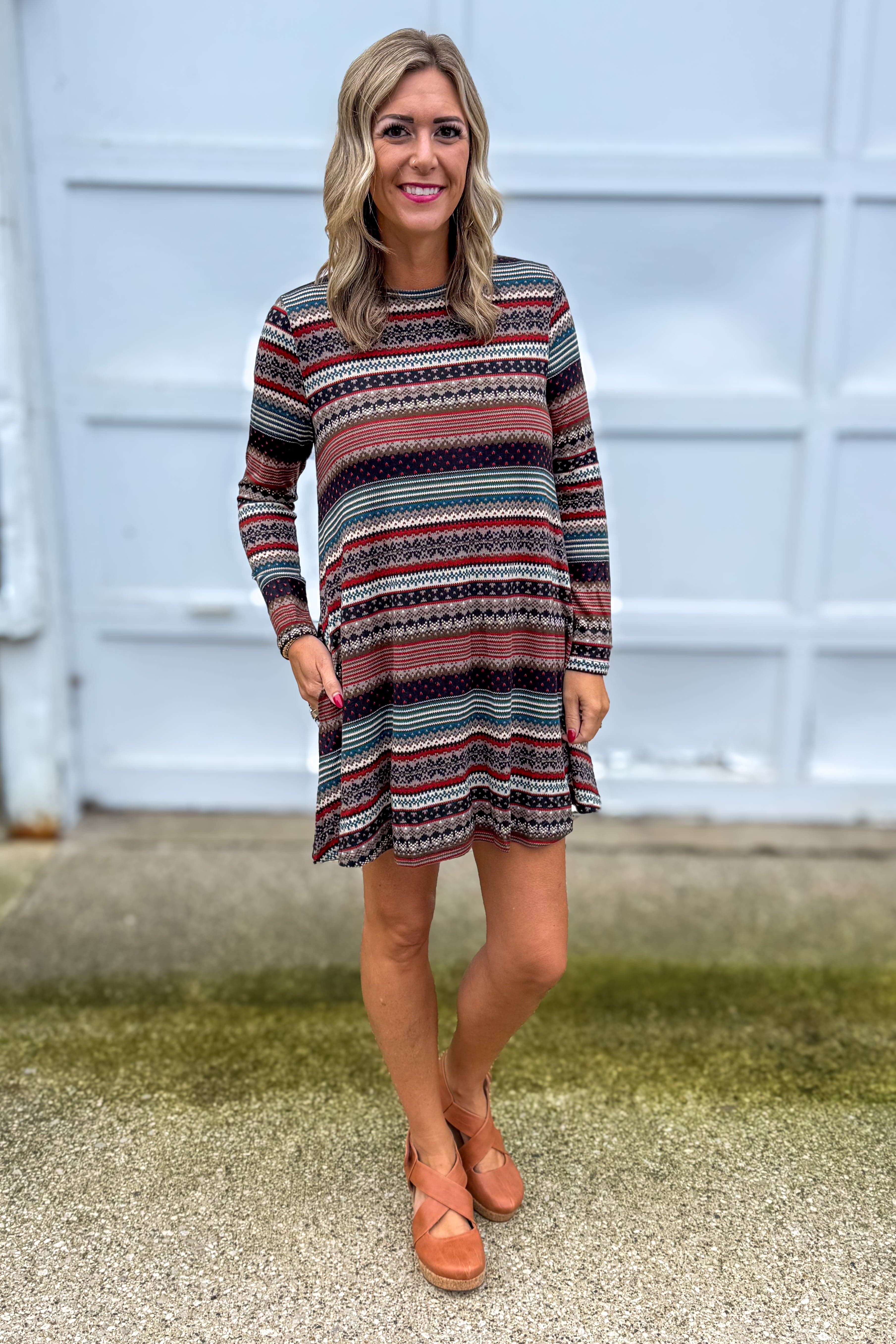 Taupe & Rust Fairisle Stripe A-Line Sweater Dress Styled