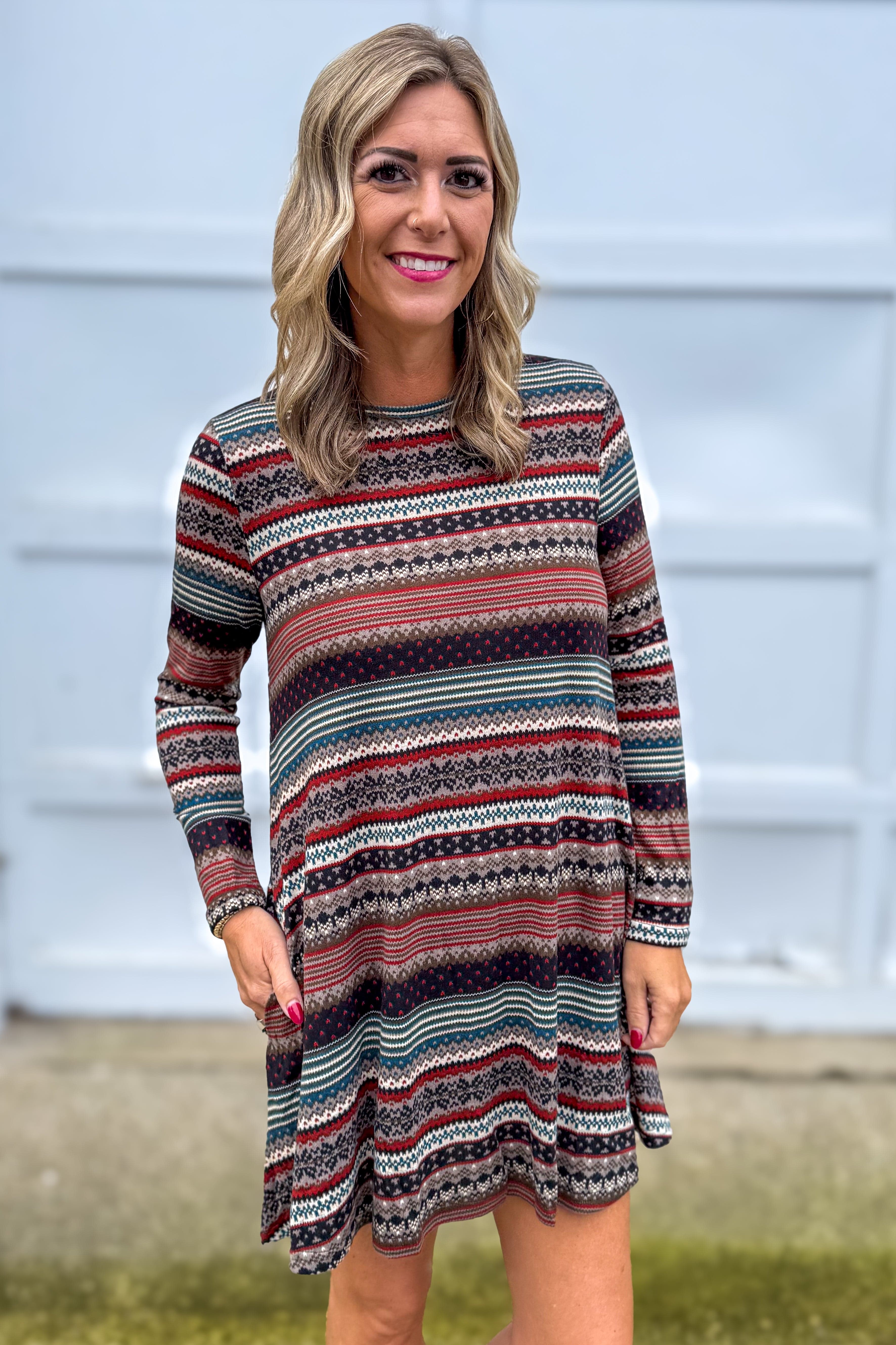 Taupe & Rust Fairisle Stripe A-Line Sweater Dress