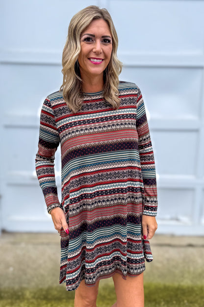 Taupe & Rust Fairisle Stripe A-Line Sweater Dress