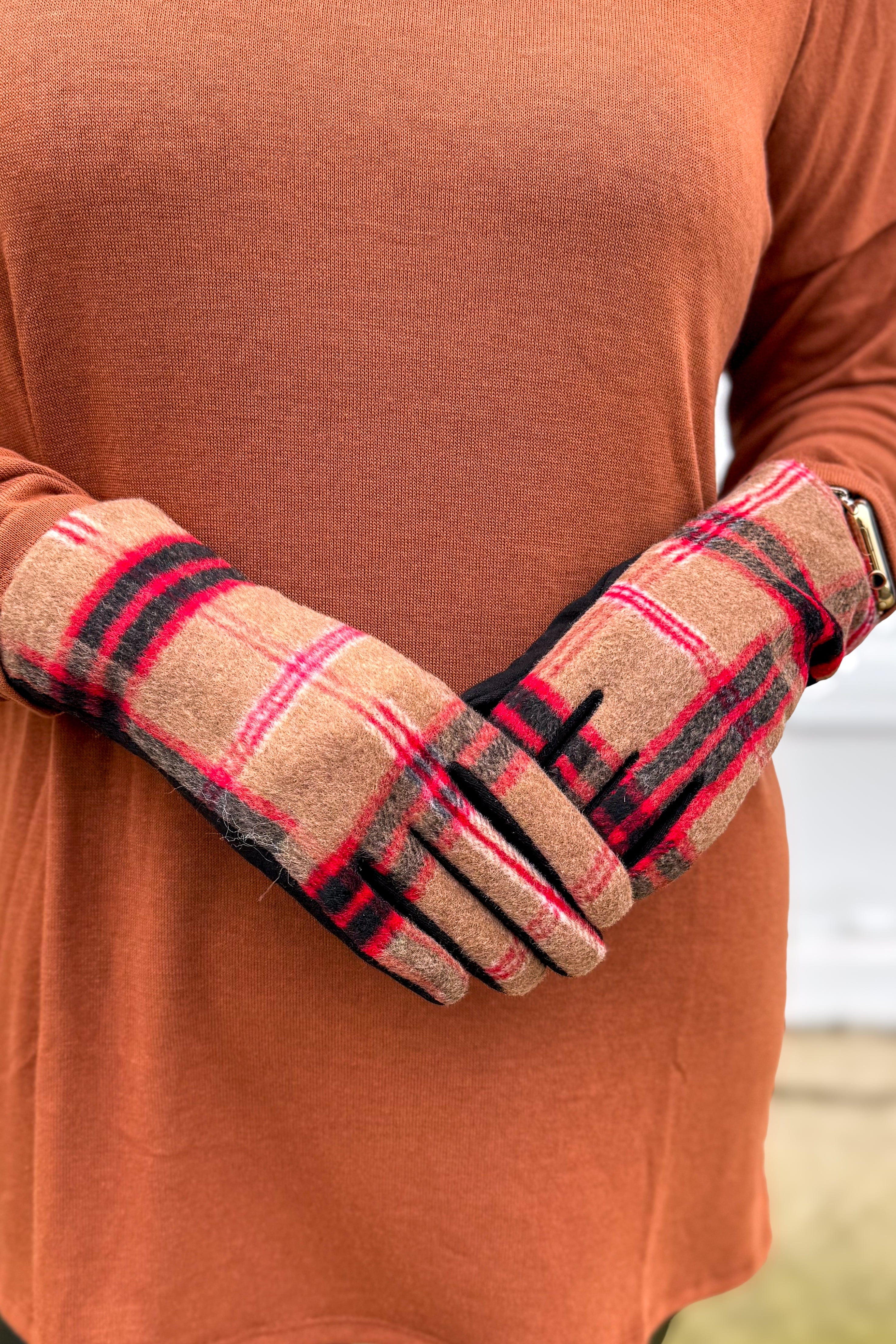 Camel Windowpane Plaid Smart Touch Glove