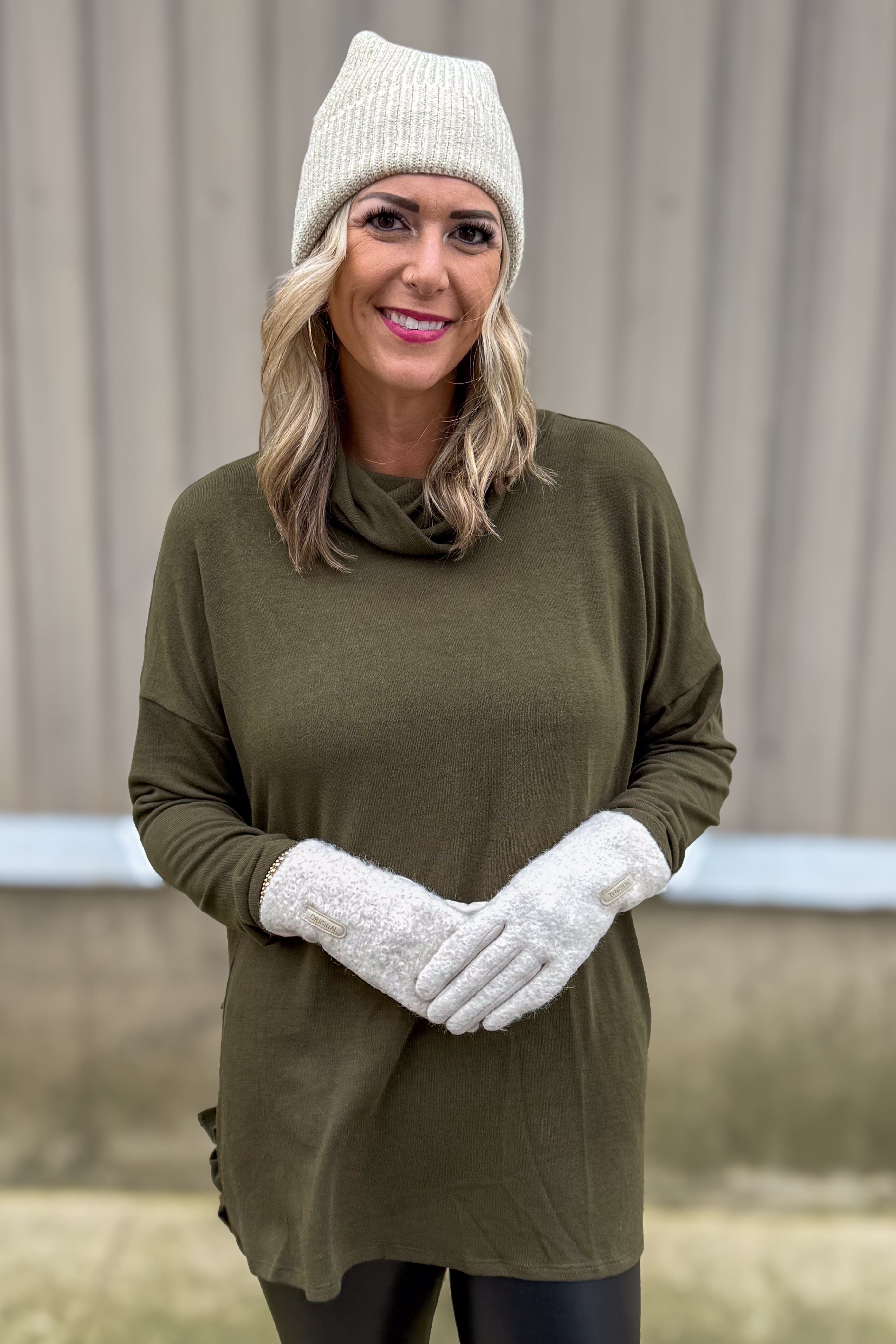 Beige Metallic Ribbed Beanie Styled