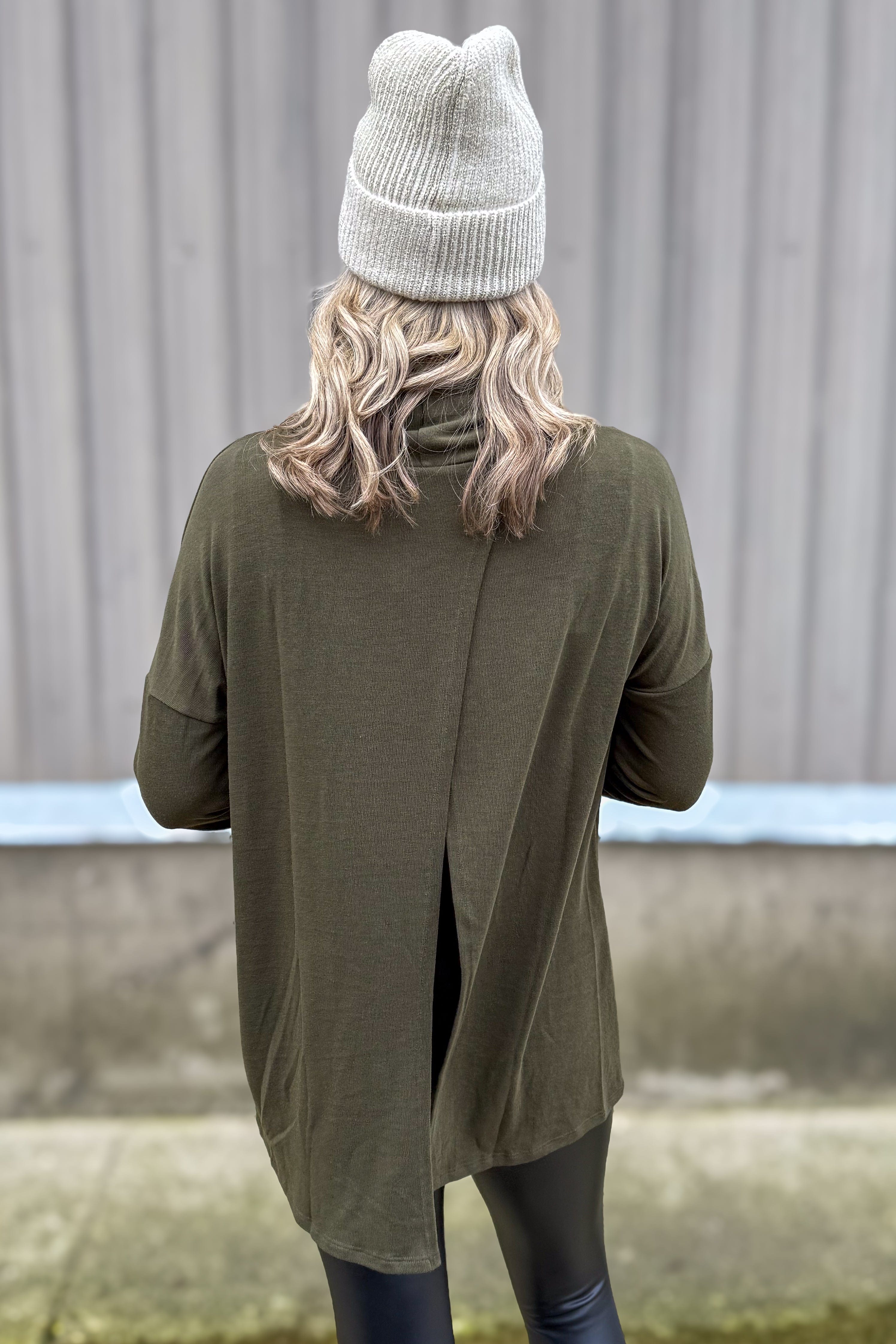 Olive Cowl Drop Shoulder Top Back