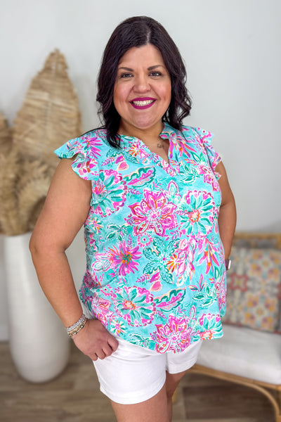 Mint Floral Ruffle Sleeve Top