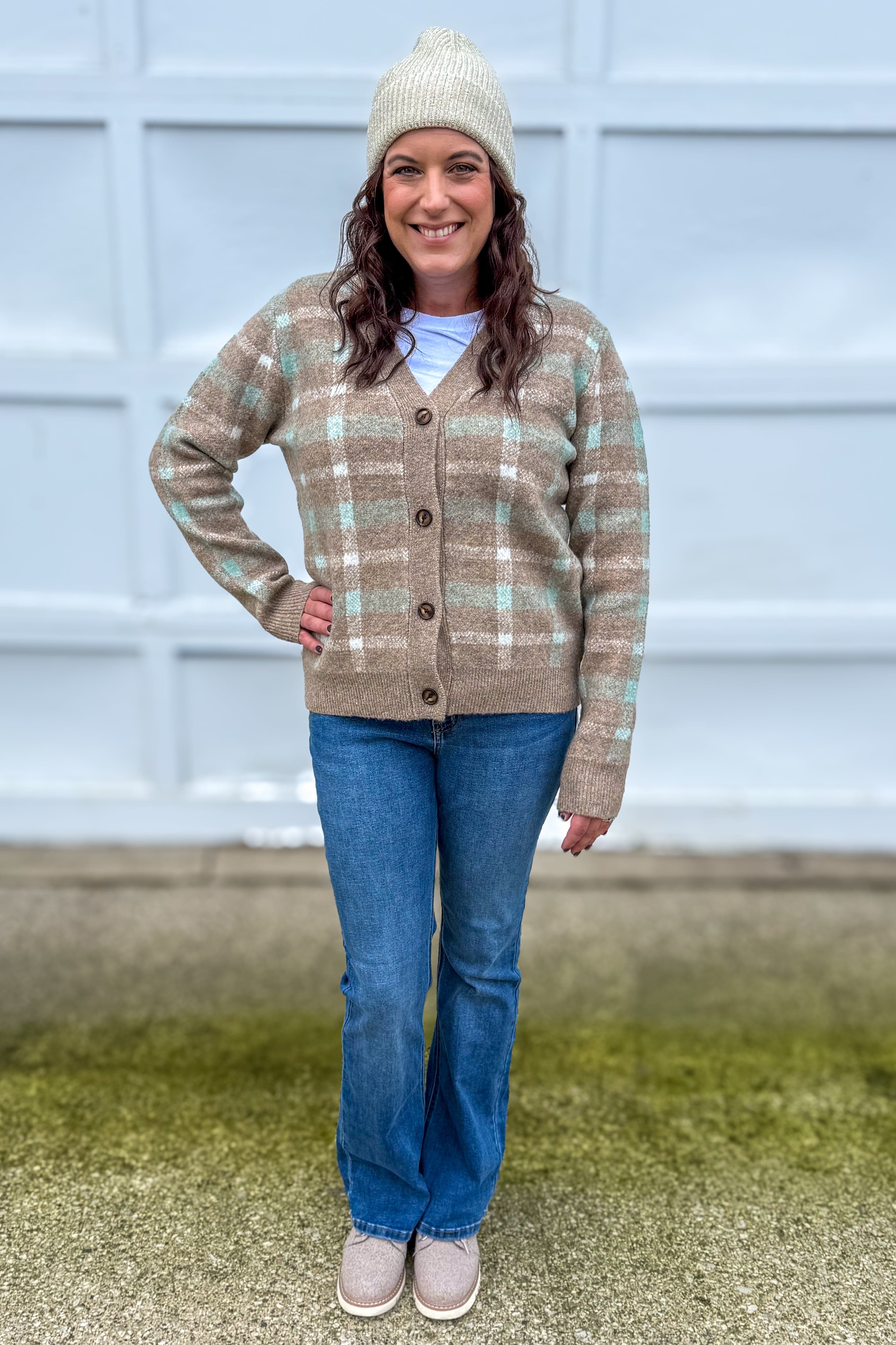 Mocha & Mint Plaid V-Neck Cardigan Styled
