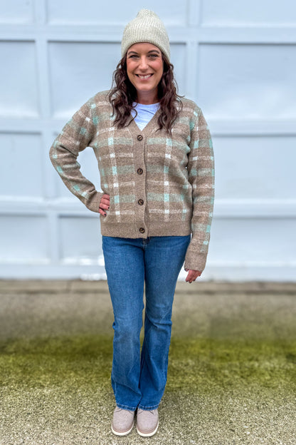 Mocha & Mint Plaid V-Neck Cardigan Styled