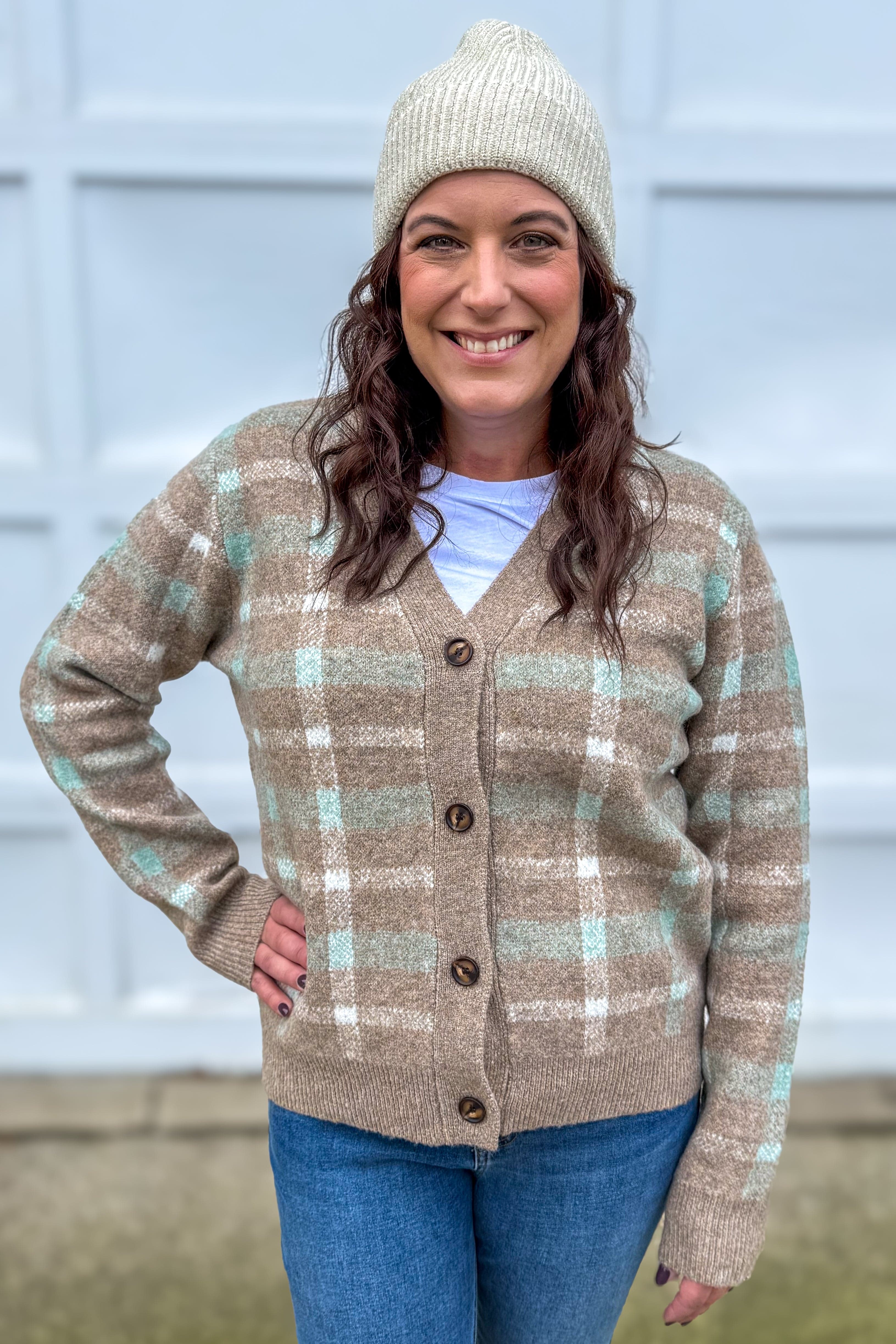 Mocha & Mint Plaid V-Neck Cardigan
