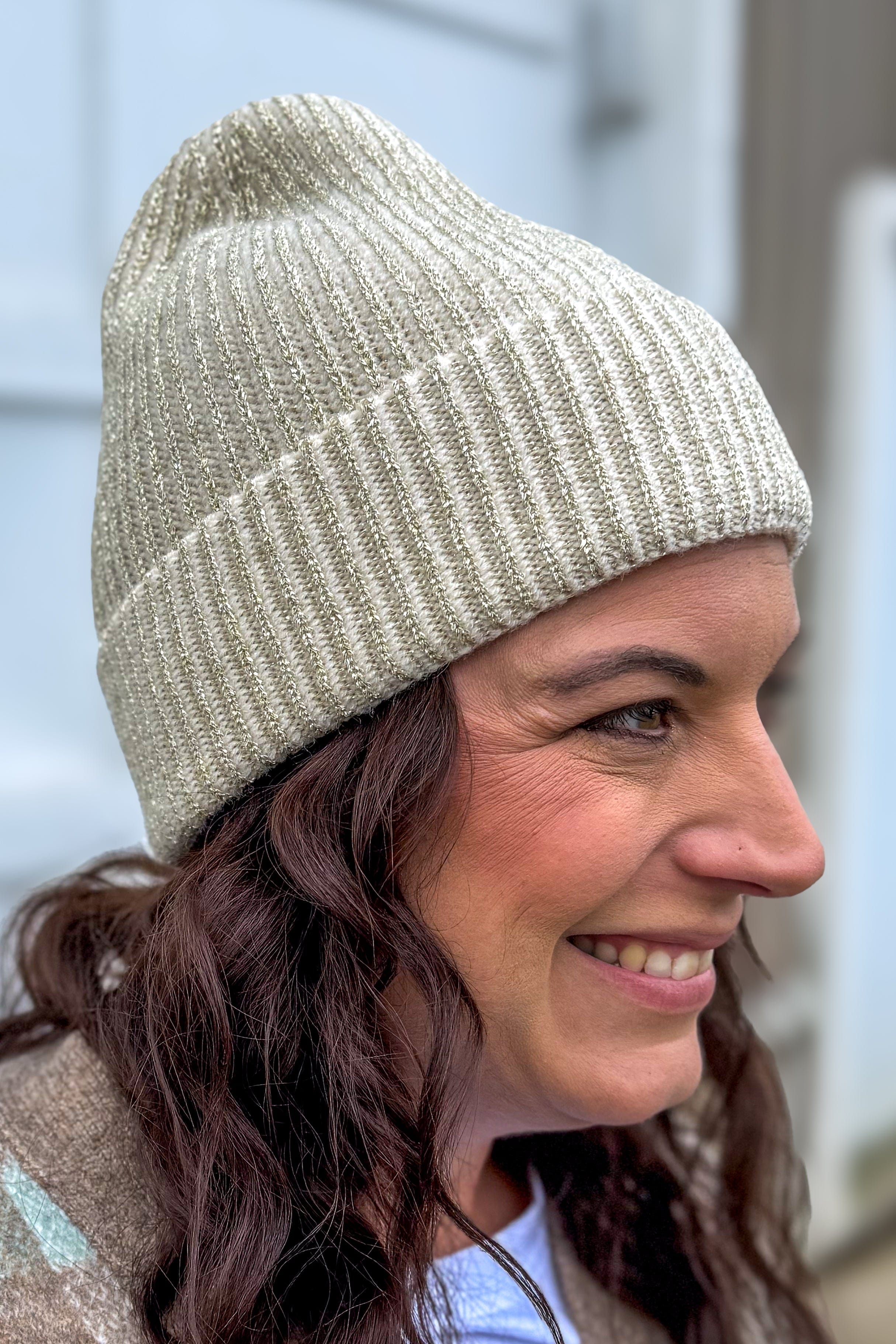 Beige Metallic Ribbed Beanie Detailed