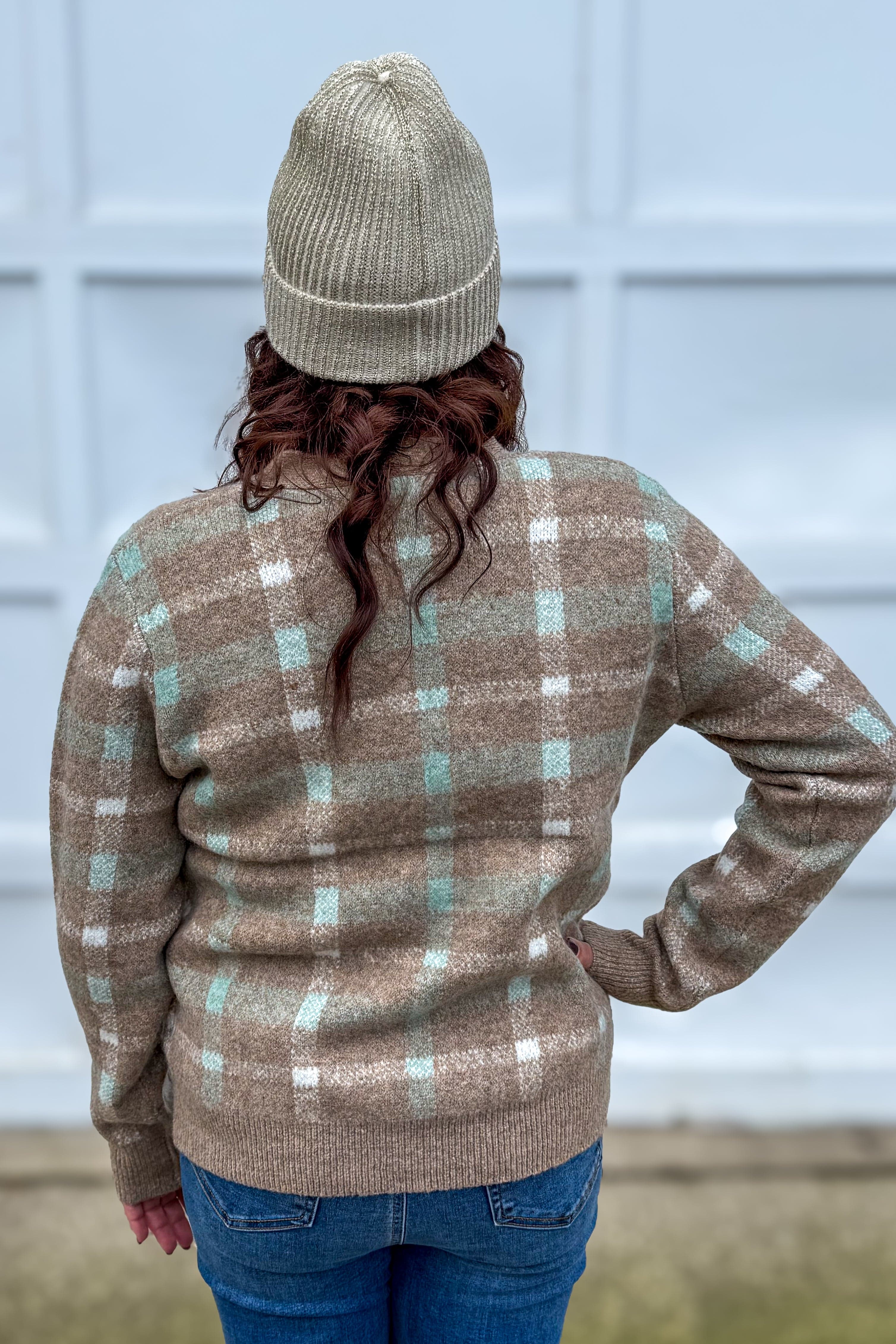 Mocha & Mint Plaid V-Neck Cardigan Back