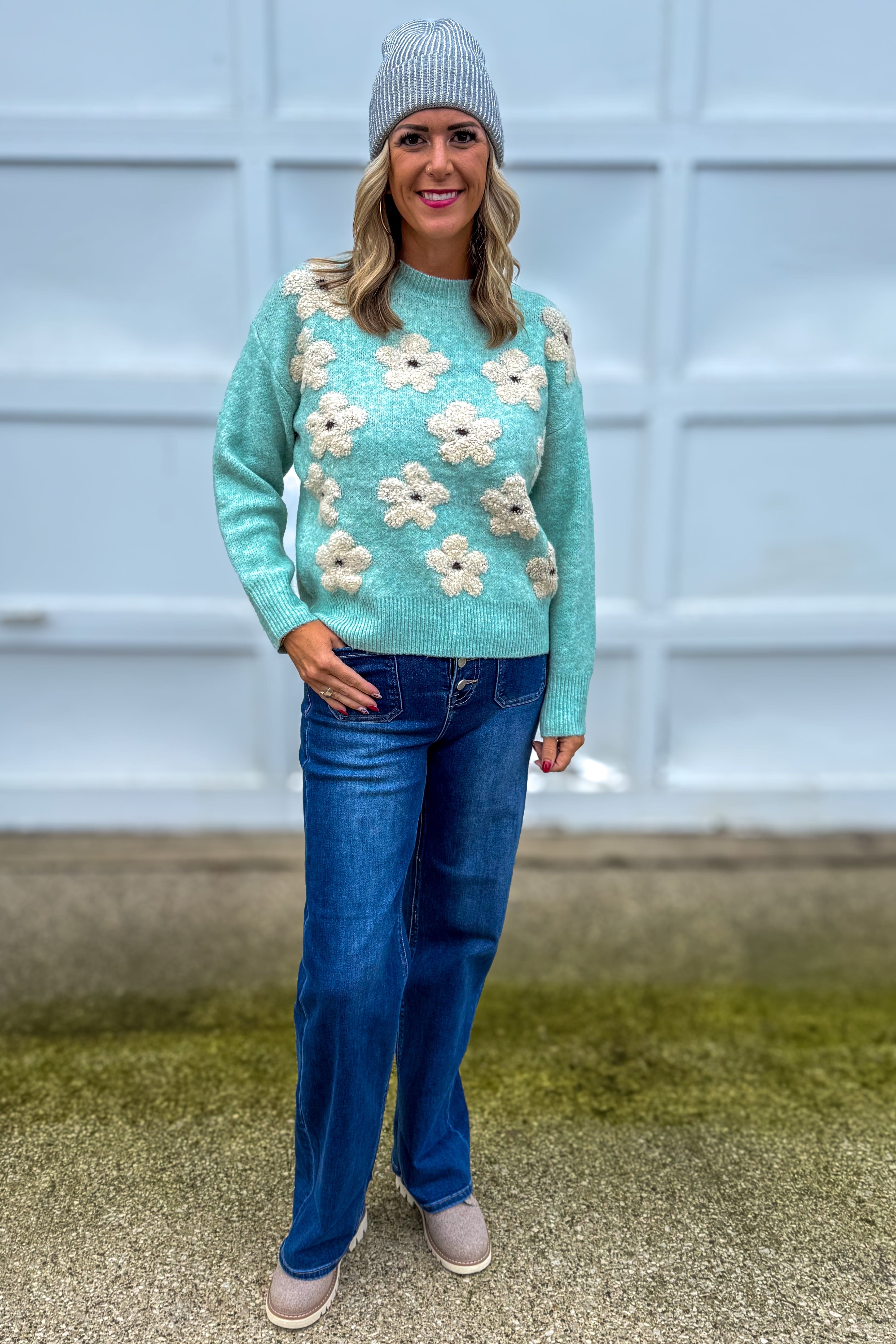 Mint Flower Jacquard Sweater Styled
