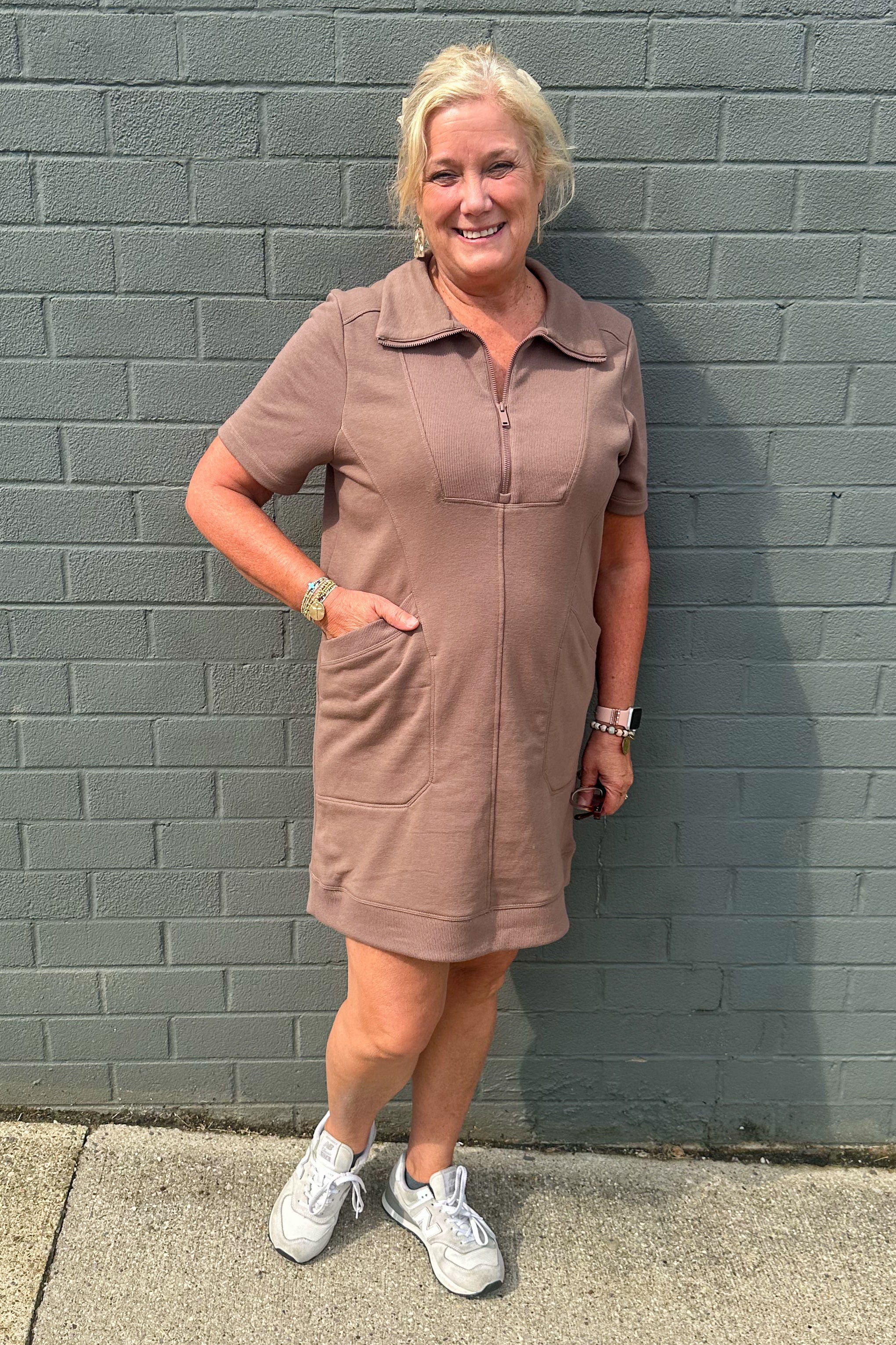 Smoky Brown Casual Quarter Zip Dress styled