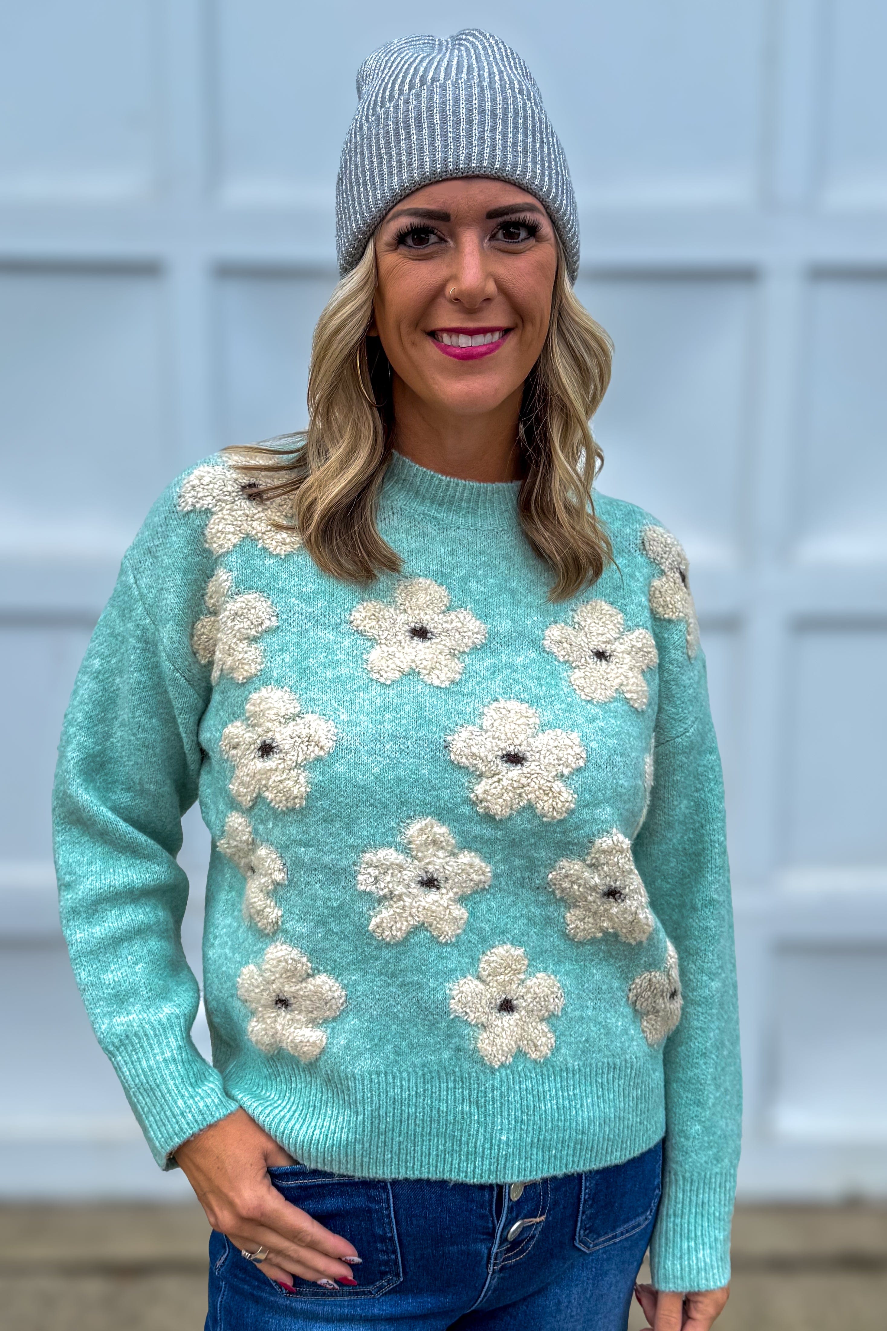 Mint Flower Jacquard Sweater