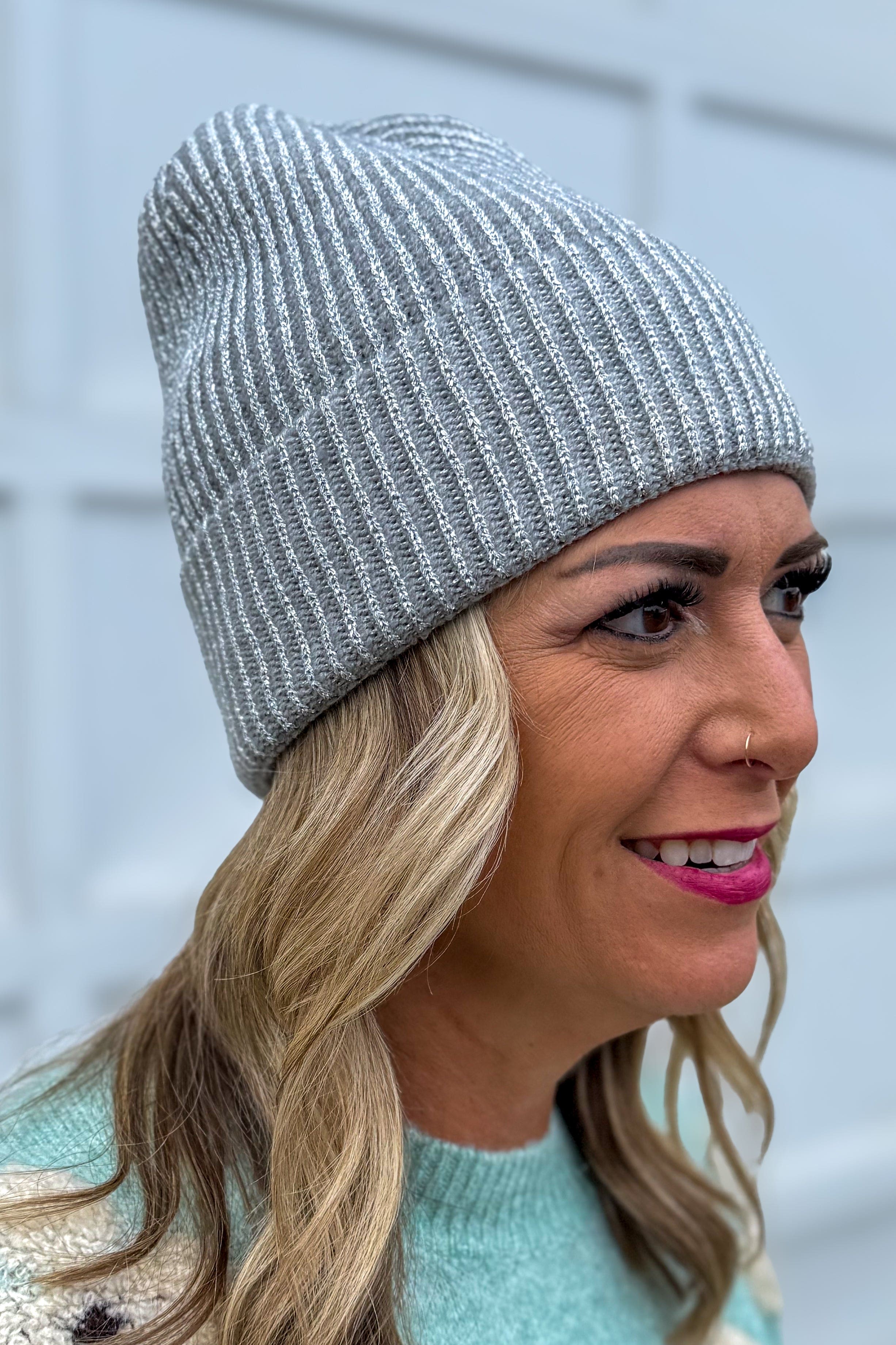 Grey Metallic Ribbed Beanie