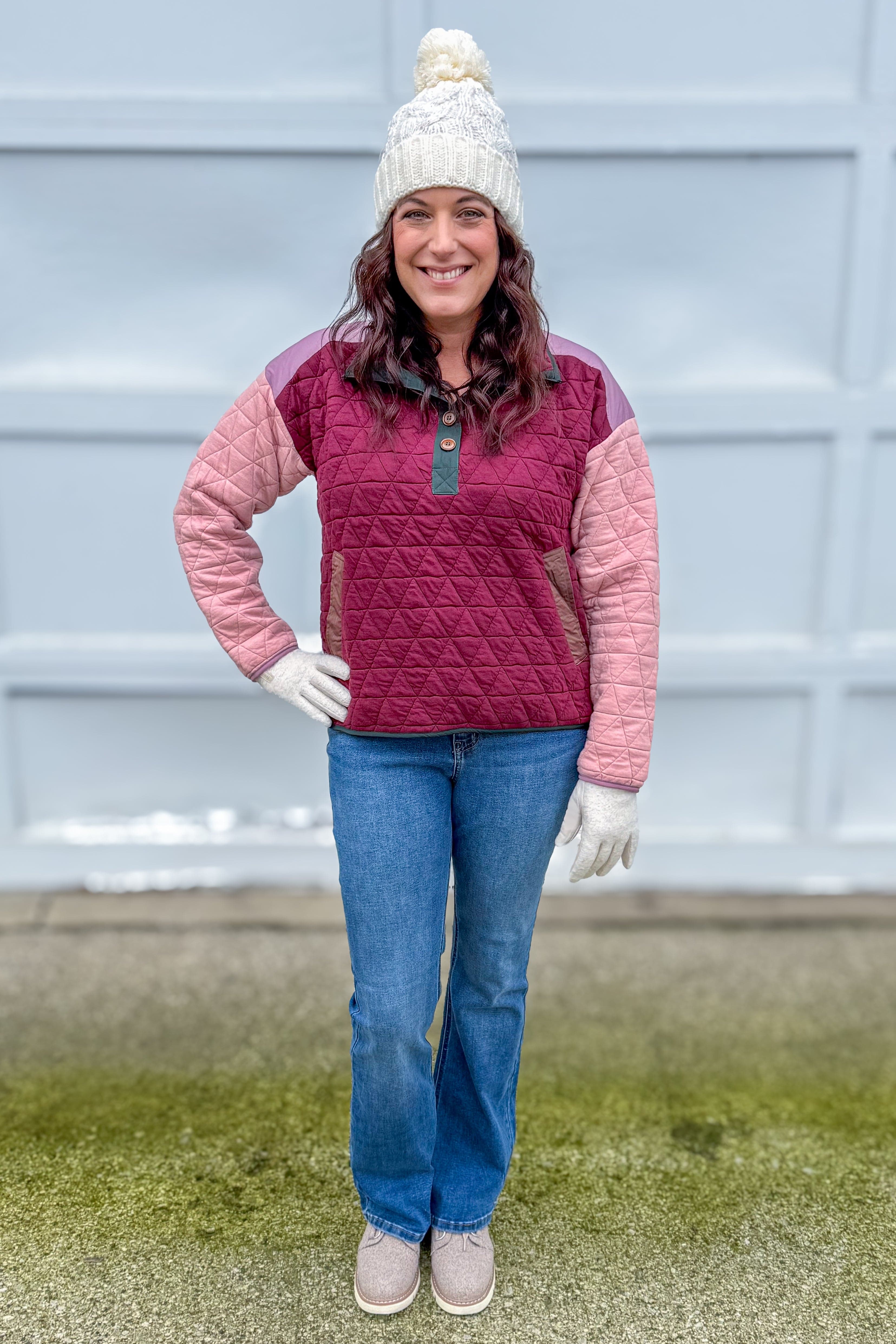 Burgundy & Pink Color Blocked Quilted Sweatshirt Styled