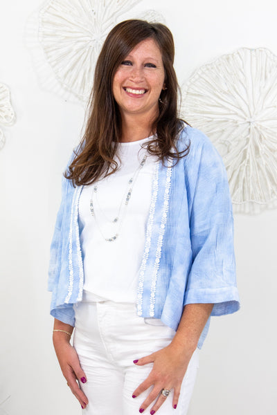 Sky Blue Tie Dye Trim Crop Kimono