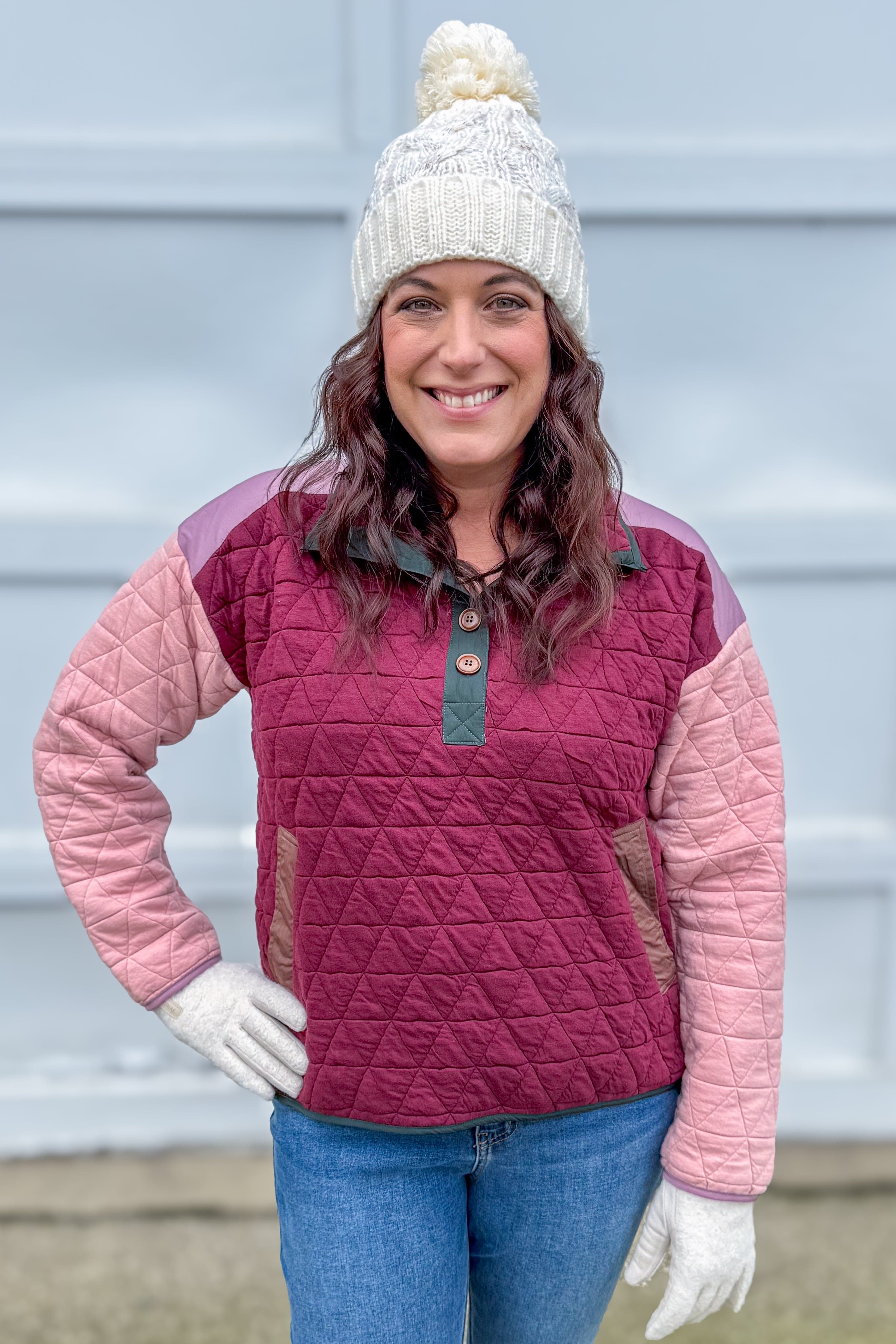 Burgundy & Pink Color Blocked Quilted Sweatshirt