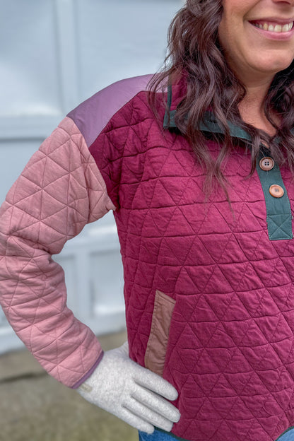 Burgundy & Pink Color Blocked Quilted Sweatshirt Detailed