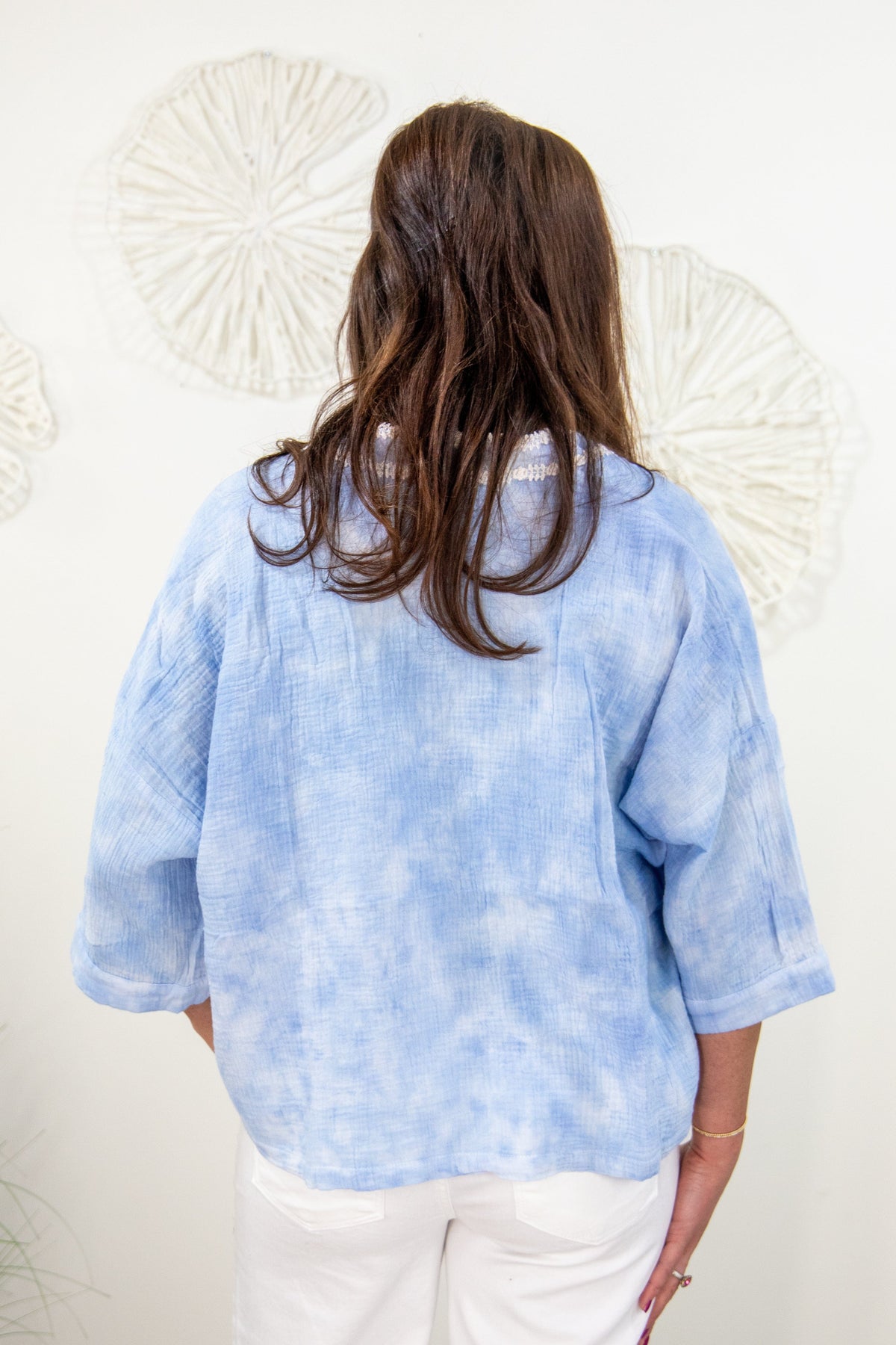 Sky Blue Tie Dye Trim Crop Kimono Back