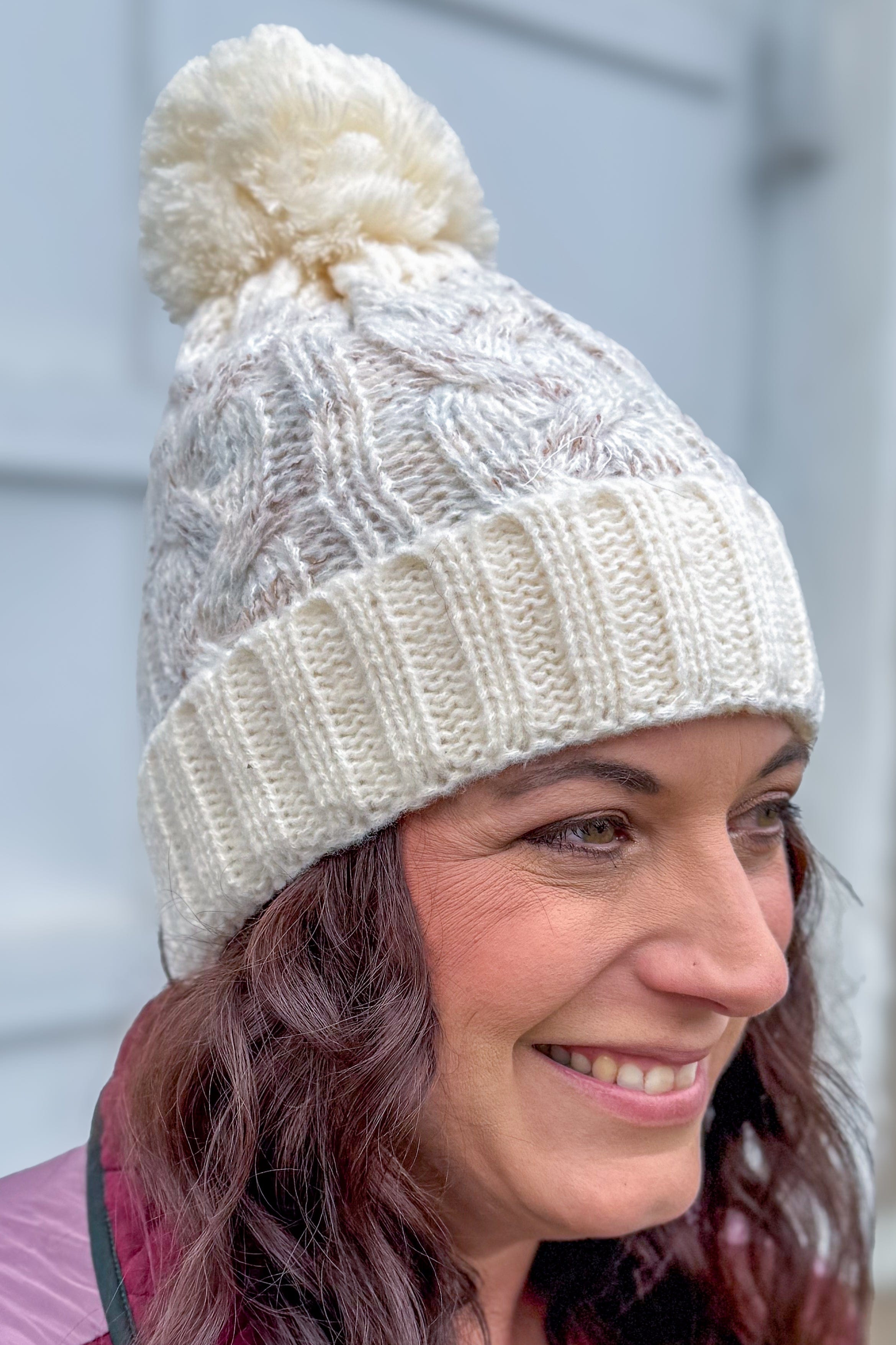 Ivory Cable Knit Pom Beanie with Fur Lining