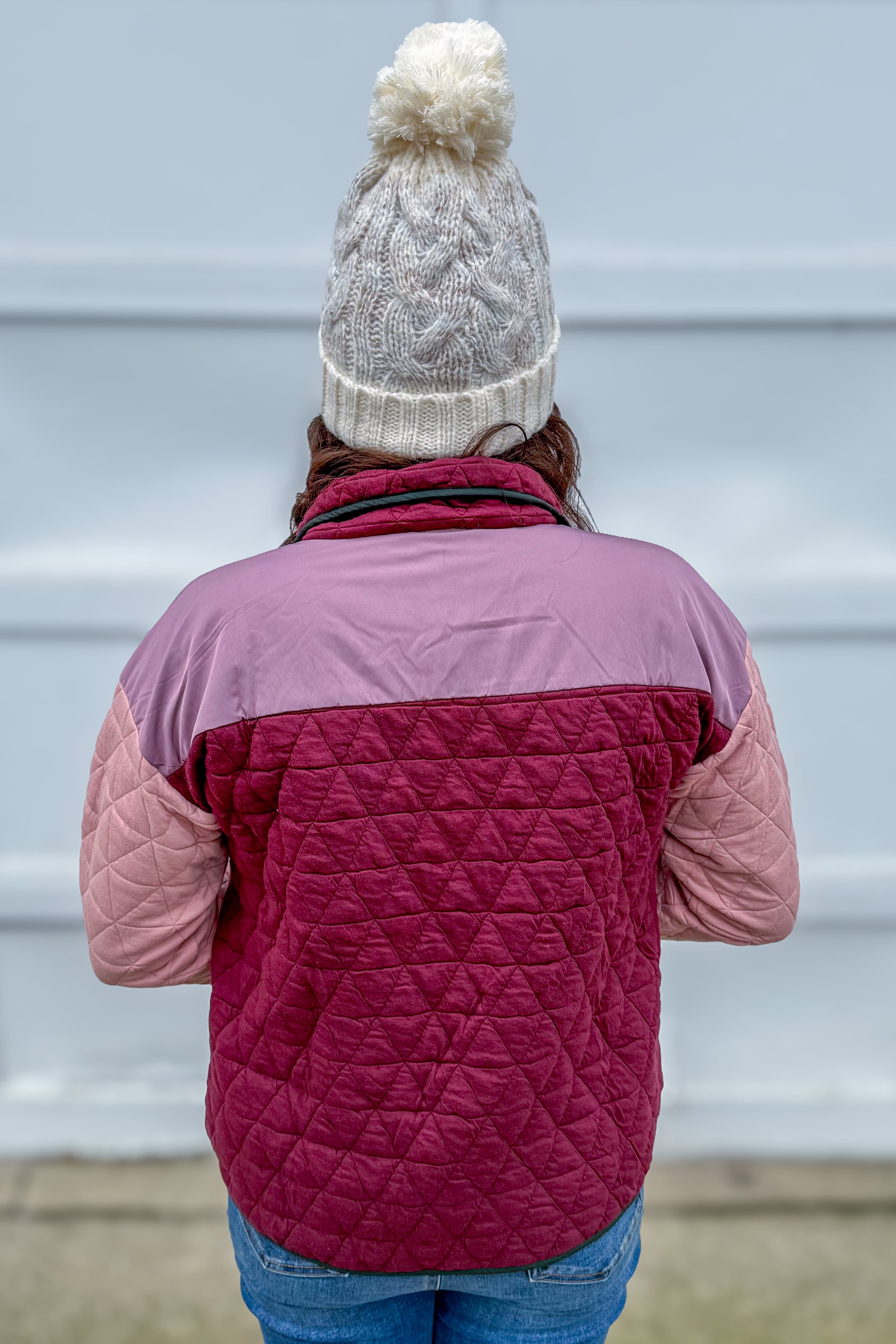 Burgundy & Pink Color Blocked Quilted Sweatshirt Back