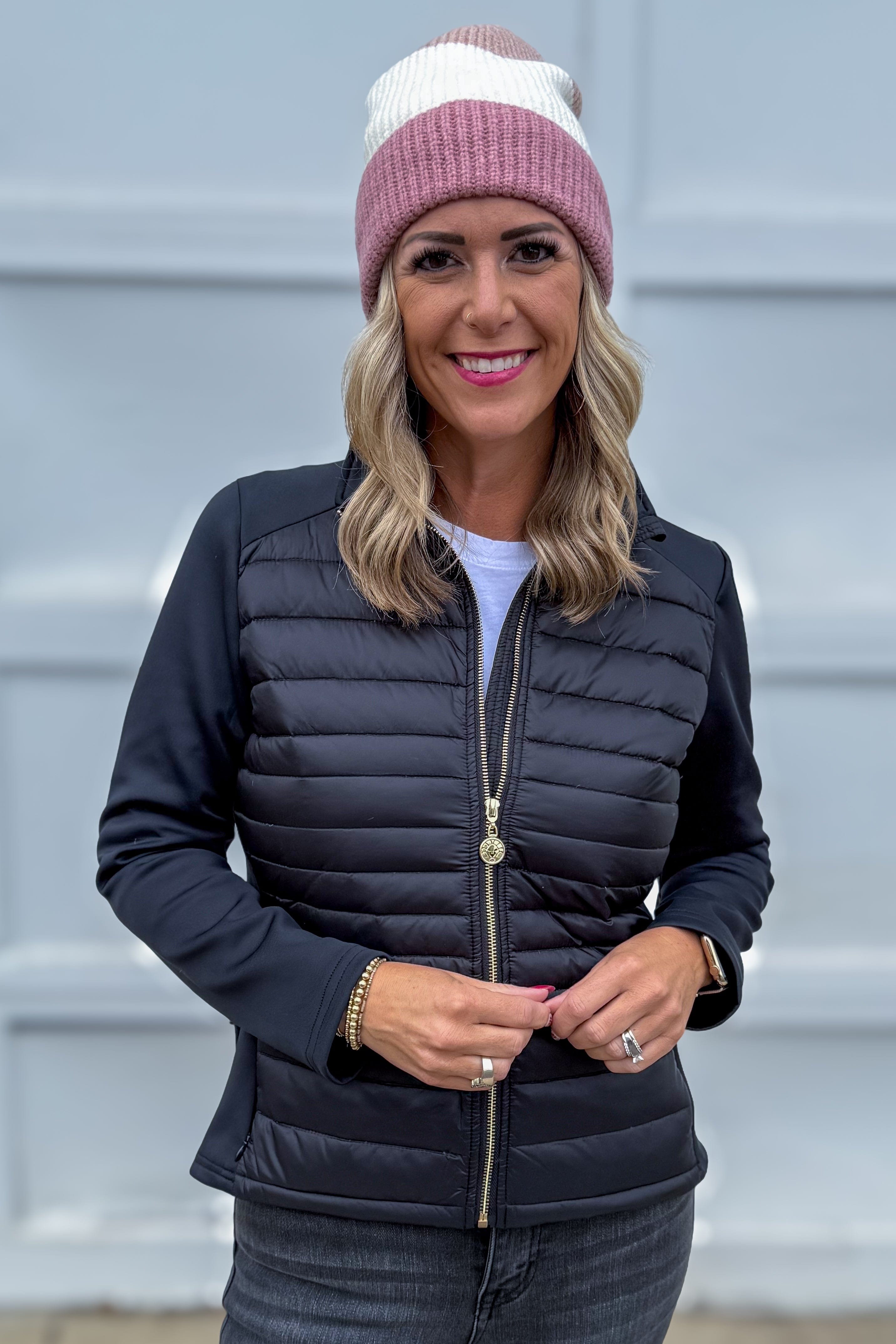 Pink Color Block Beanie with Fur Lining Styled