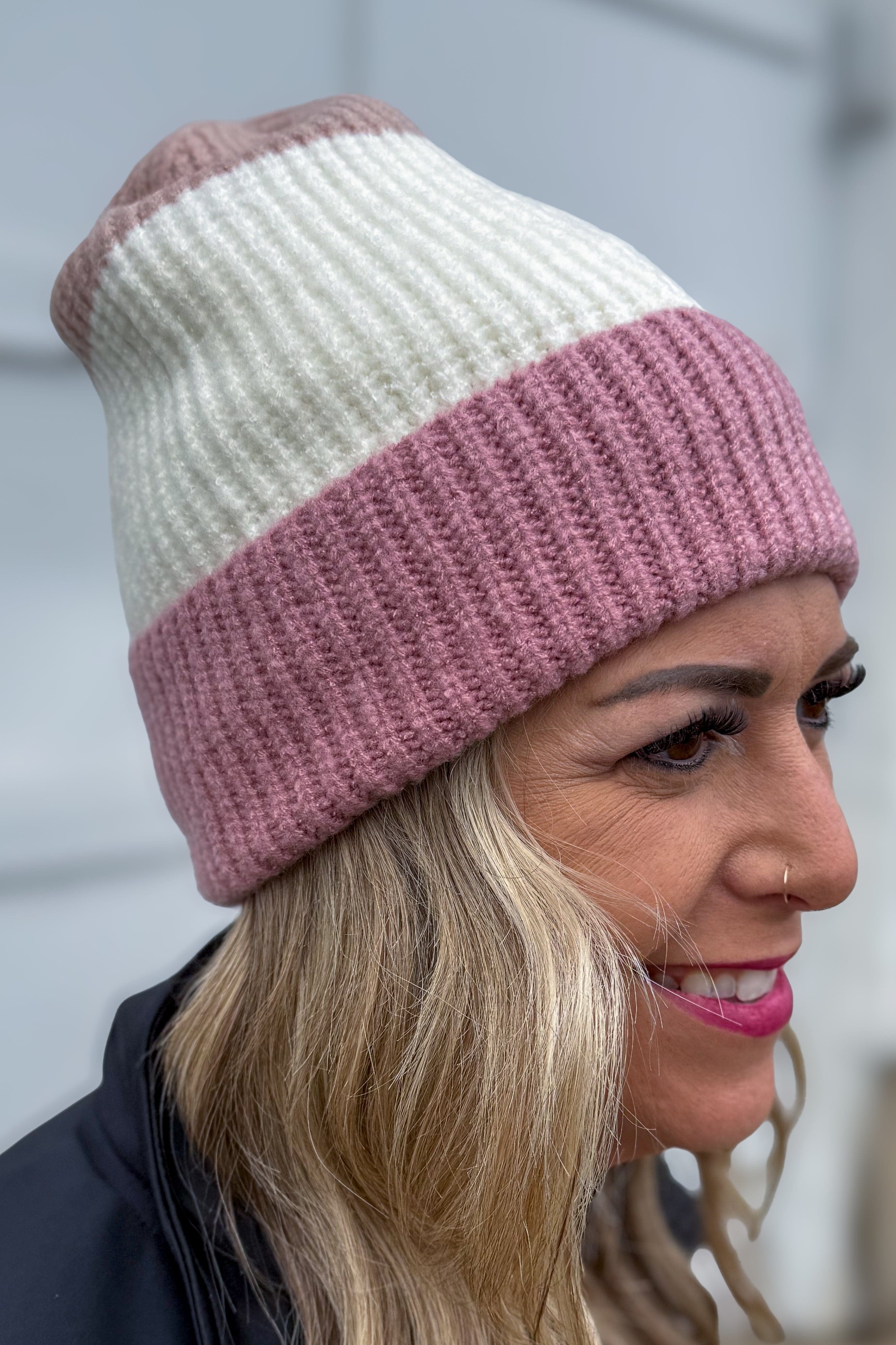 Pink Color Block Beanie with Fur Lining