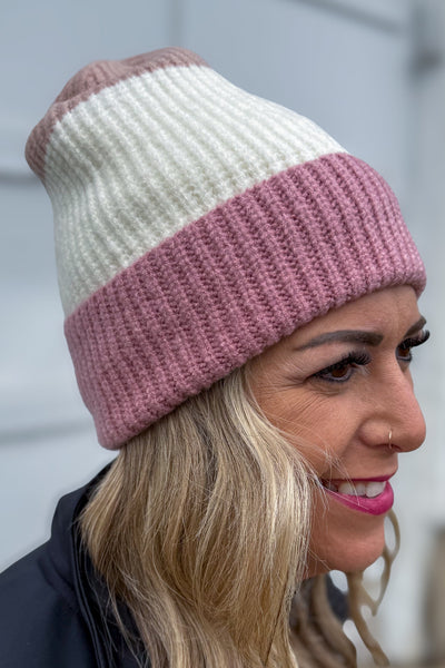 Pink Color Block Beanie with Fur Lining