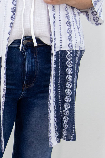 White & Navy Print Open Kimono Details