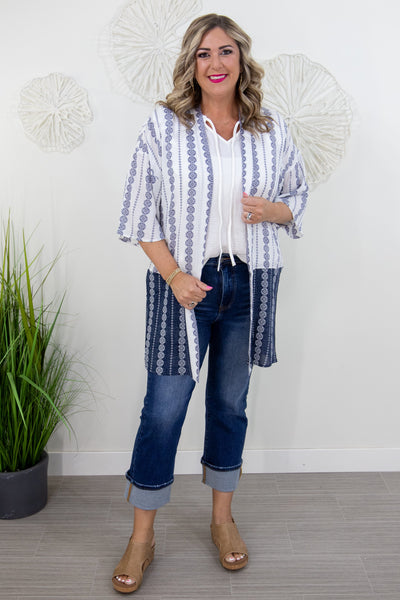 White & Navy Print Open Kimono Styled